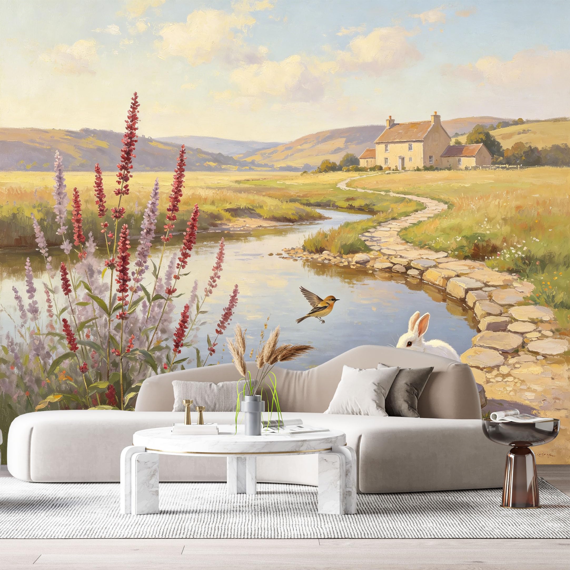 Custom Size Wall Murals Farmhouse American Country Oil Painting Stone Path River Cottage SelfAdhesive Wall Fabric Removable Large Wallpaper for Photo Living Room