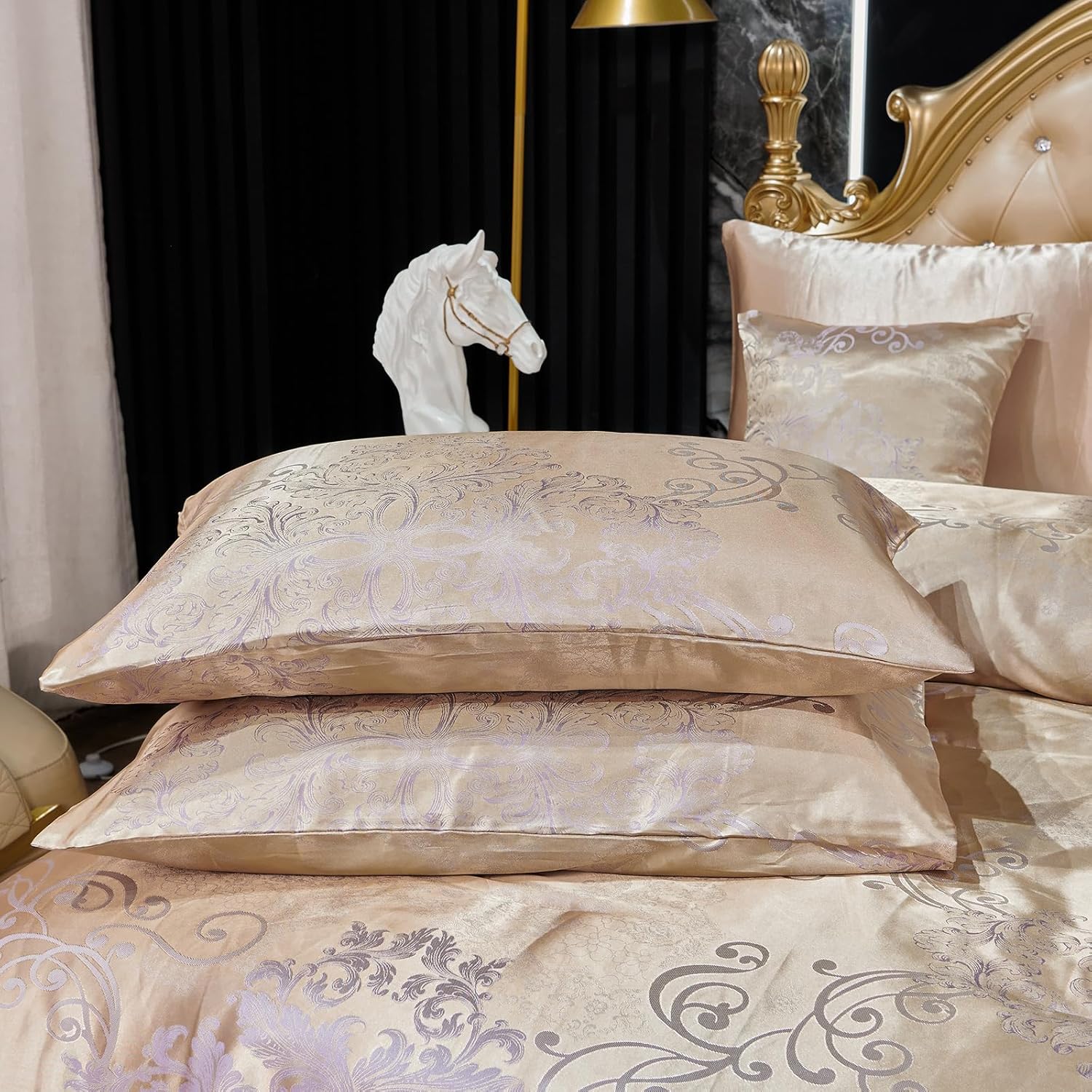 Jacquard King Comforter Set with Sheet Set Gold Bedding Set 8 Pcs Embroidery Neoclassical Floral Pattern Bed Home Decor Soft Down Comforter Luxury Hotel Silky Bed in a Bag with 1 Cushion Cover - Image 9