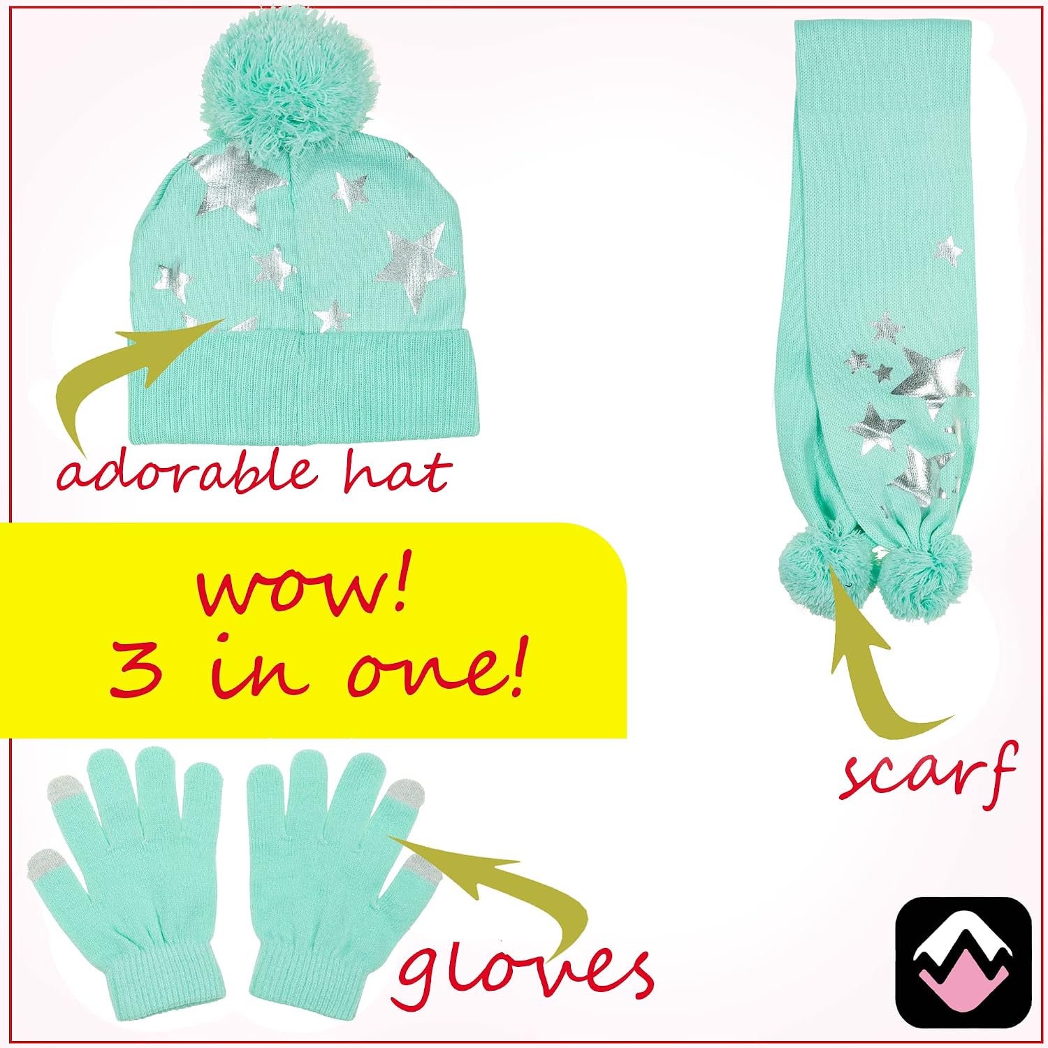 PEAK 2 PEAK Girls 3-Piece Beanie Hat, Scarf & Glove Set – Warm Winter Matching Accessories with Pom-Poms