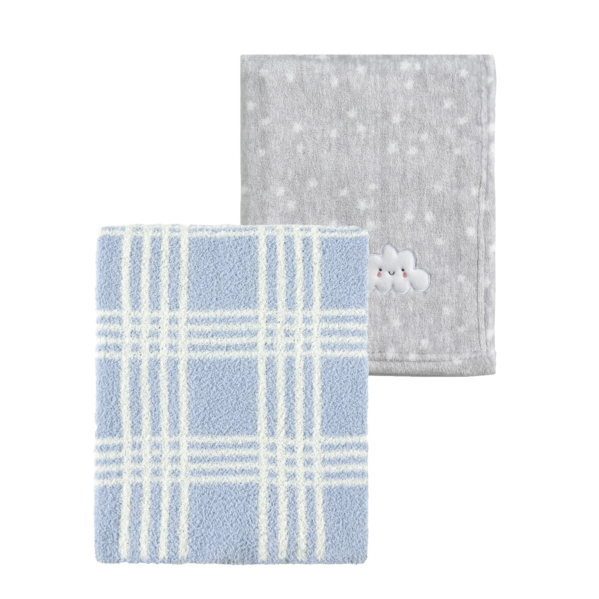 CREVENT 2Pcs 75cmX100cm Cute Cozy Fluffy Warm Baby Blankets for Infants Toddlers' Bedding Crib Cot Stroller - Grey Cloud + Knit Line Blue