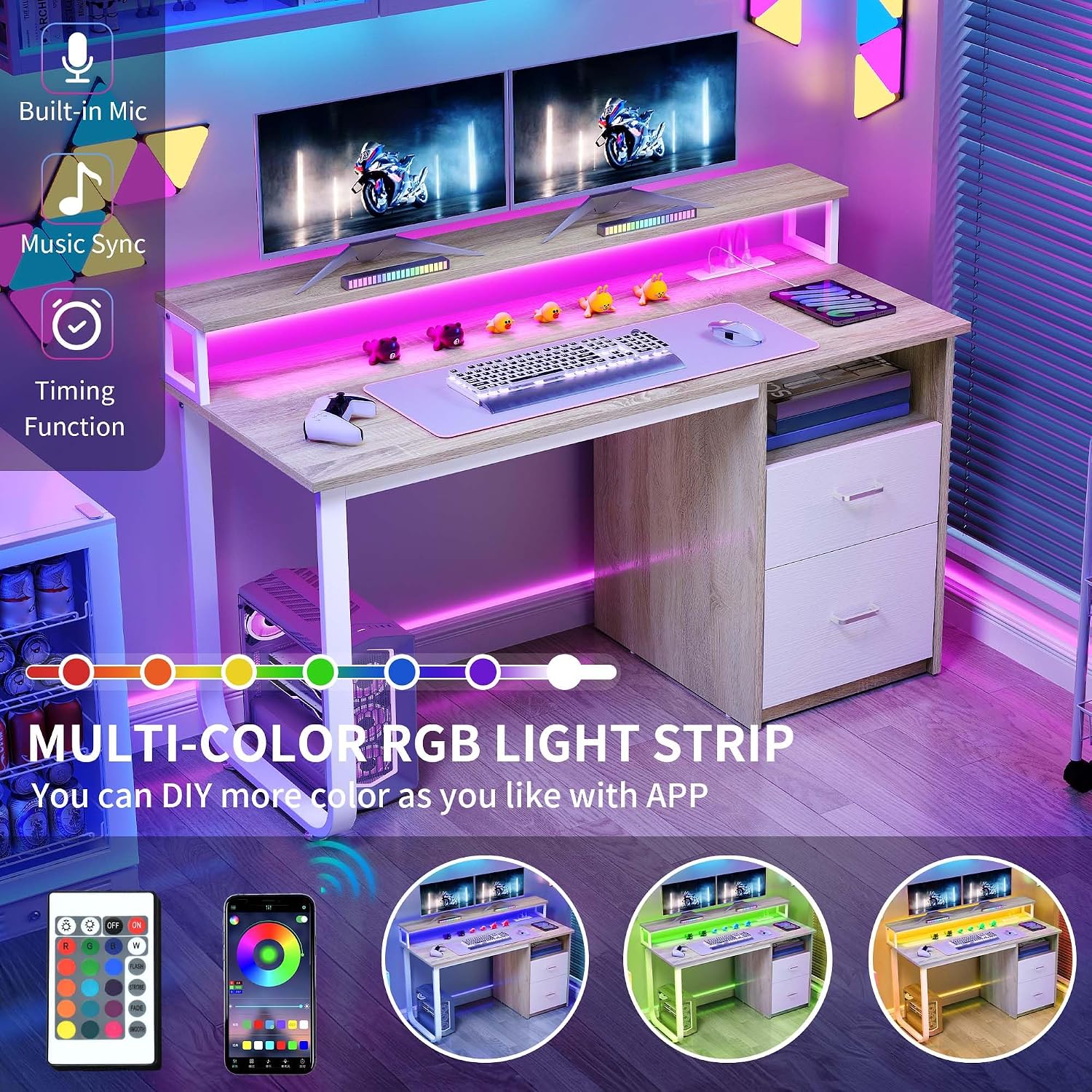 DWVO Computer Desk with Drawers, 55" Office Desk with Power Outlets & LED Light, Home Office Desk with Storage Shelves, White & Oak