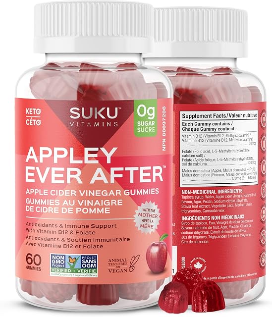 SUKU Vitamins Sugar-Free & Sugar-Alcohol-Free Keto Apple Cider Vinegar Gummies with Mother | 1020mg per Serving | ACV Gummies with B12 | Metabolism Gummies for Healthy Gut, Digestion & Energy Boosting