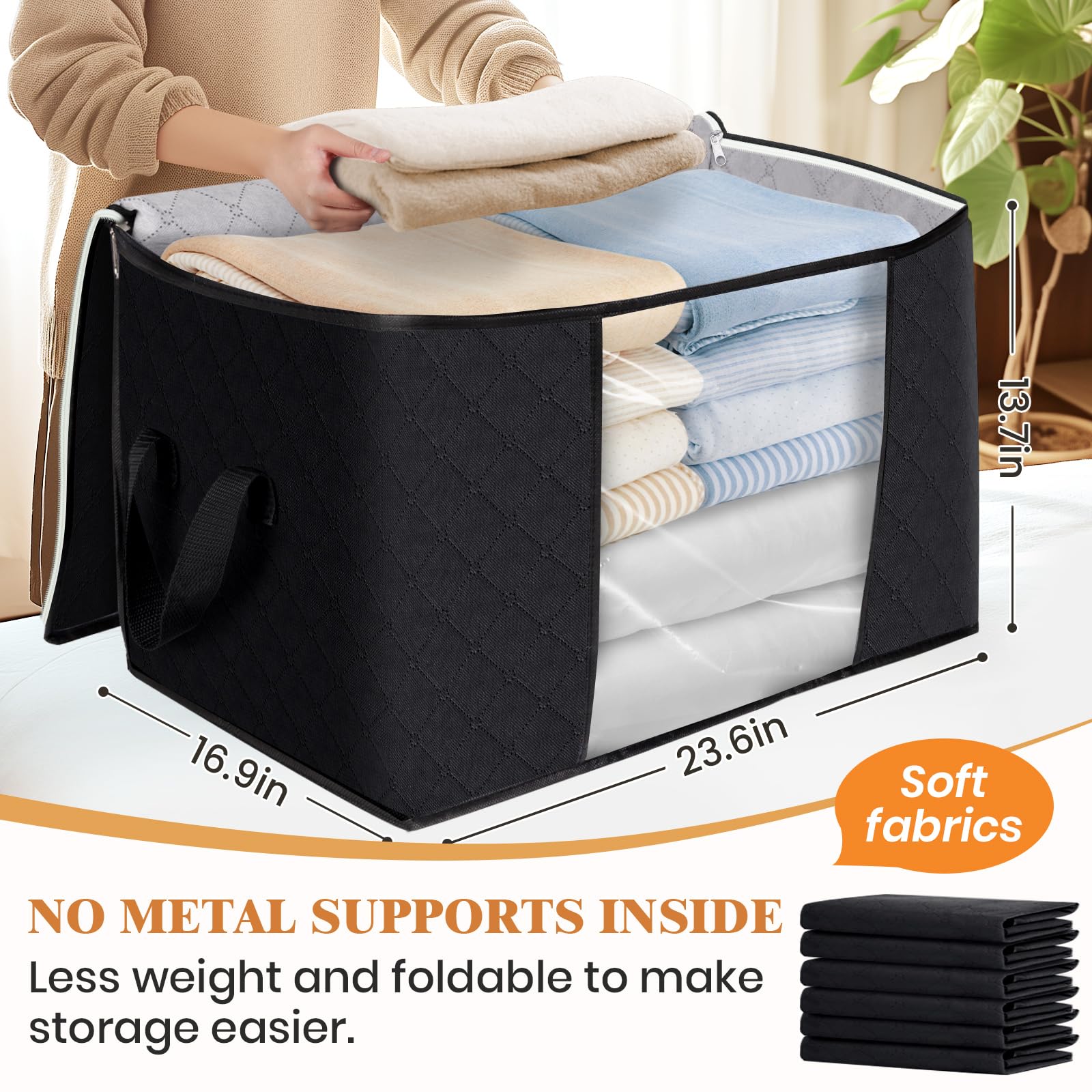 Fab totes Almacenamiento de ropa de 90 L, bolsas plegables de tela gruesa para almacenamiento de mantas, contenedores para organizar dormitorio, armario, ropa, edredón, organización con asa (paquete