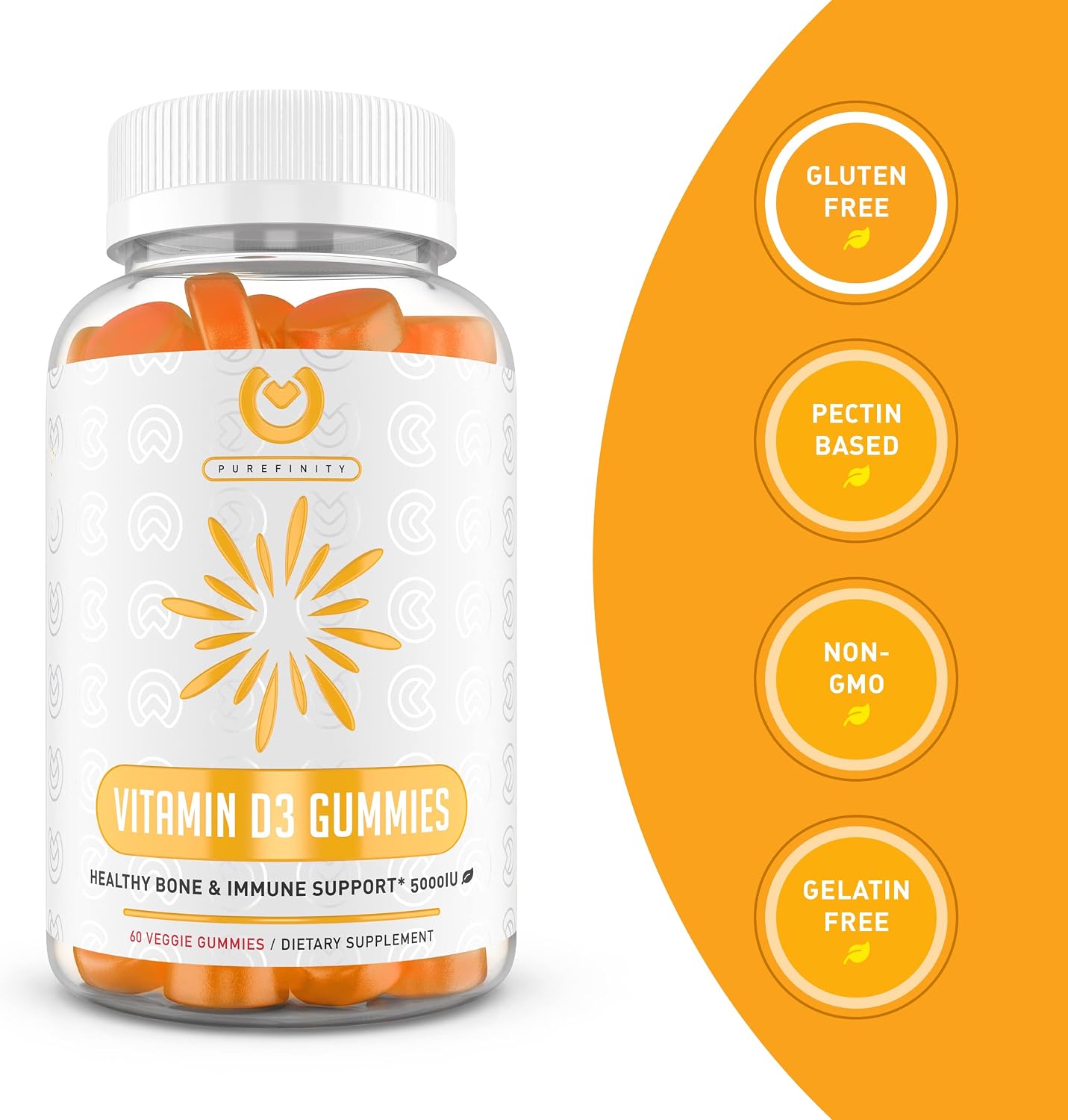 PUREFINITY Vitamin D3 5000iu Gummies – D3 Supplement for Bone Health, Immune Health, Joint Muscle Support - Dietary Supplement, Pectin Gummy - for Adults Teens & Kids - Delicious Mango Flavor!