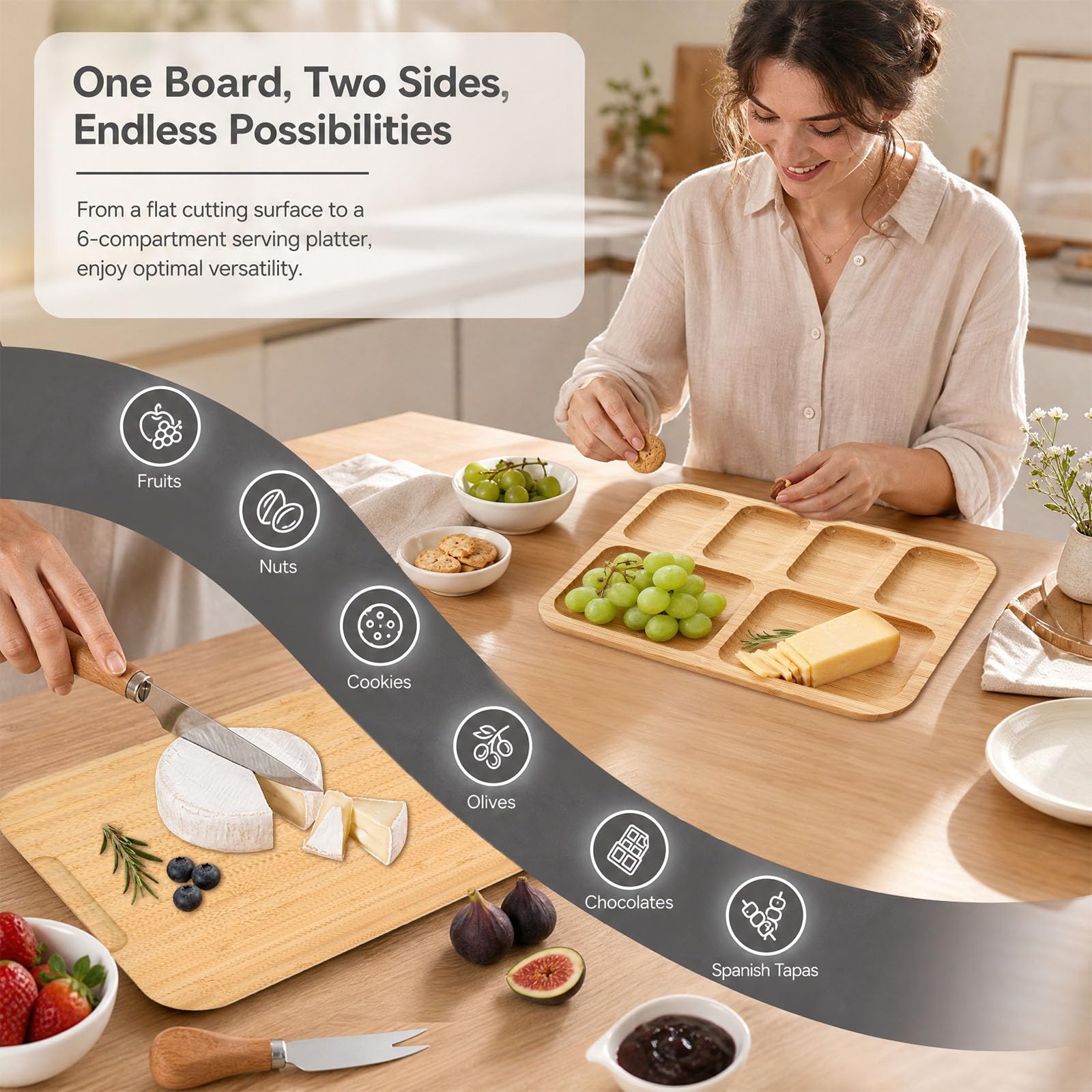 Planche à Fromage en Bambou avec Couvercle Planche de Charcuterie avec Couvercle avec 4 Couteaux + 4 Fourchettes Plateau à Fromage en Bambou pour Apéro, Pique-Nique, Tapas – Idée Cadeau