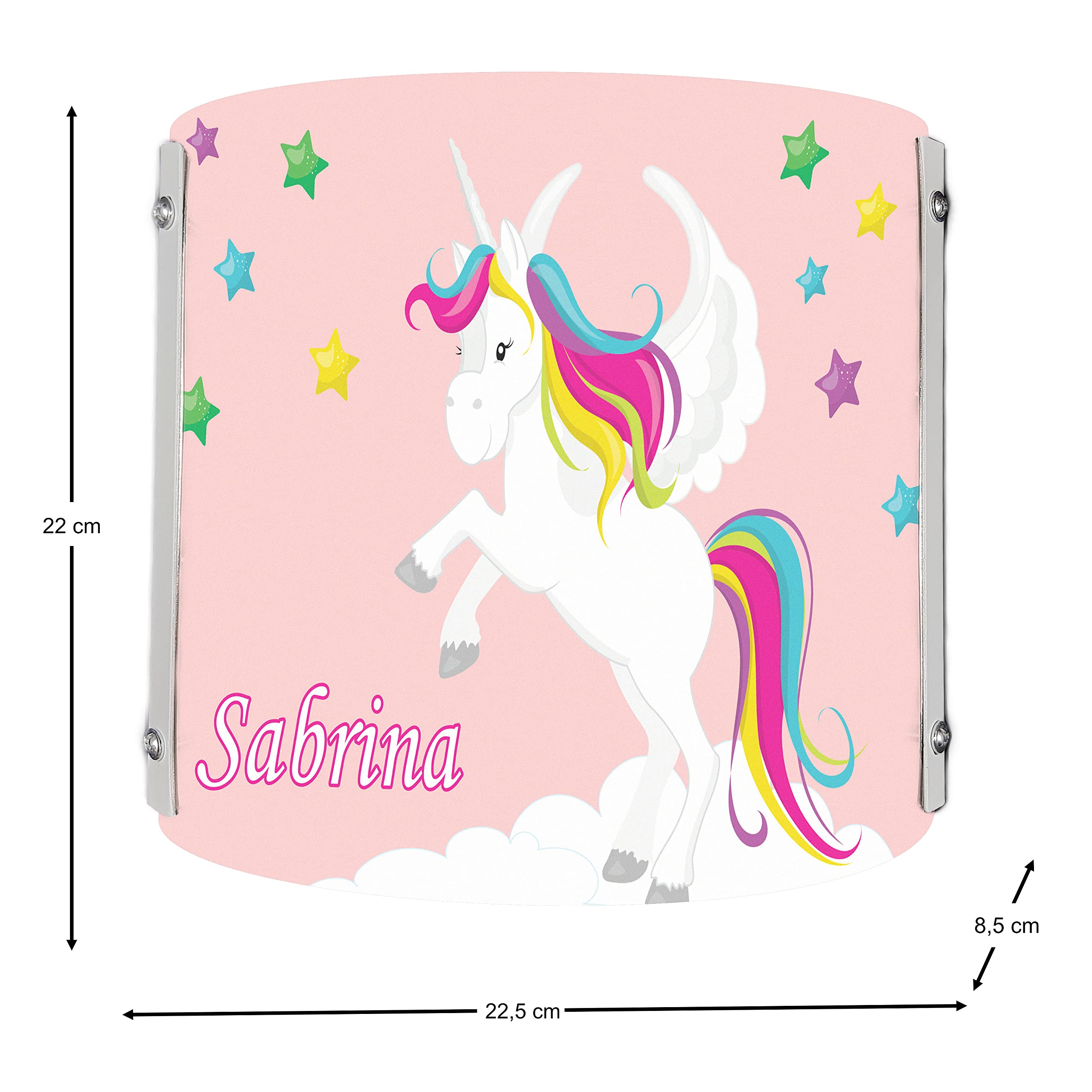 WA-1034-02, Einhorn rosa, Kinderzimmer Wandlampe personalisiert mit Namen, Nachtlicht/Schlummerlicht für Steckdose, E14, 22 x 22,5 x 8,5 cm