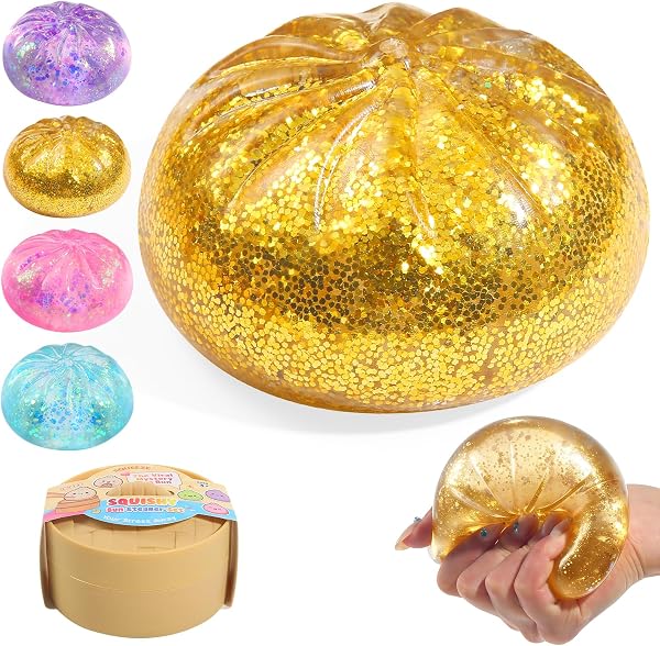 Sugar Glitter Dumpling Squishy,Viral Bao Bun Squishy Dumling Mystery Box,Stress Relief Fidget Squeeze Toy for Holiday & Birthday Gifts (Golden) - 1