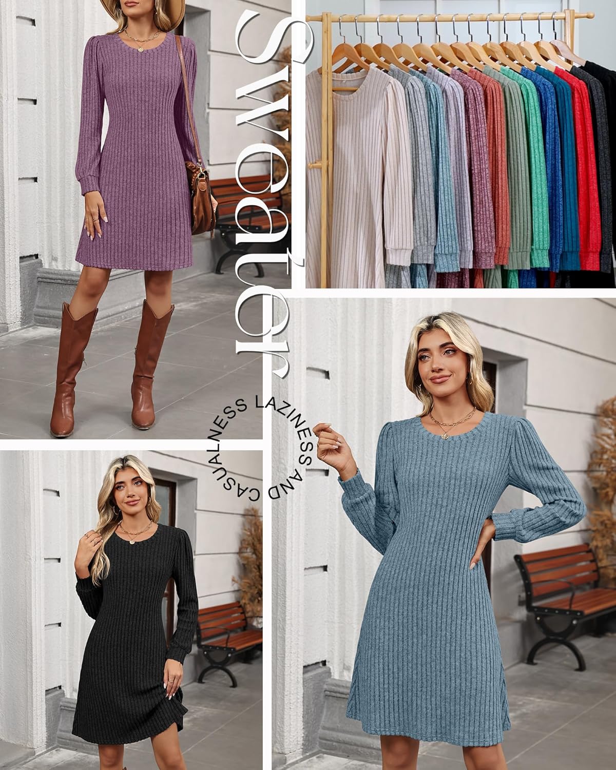 3 Pack Women's Long Sleeve Sweater Dress Ribbed Knit Crew Neck Tunic Dresses 2025 Fall Casual Trendy Outfits - Image 6