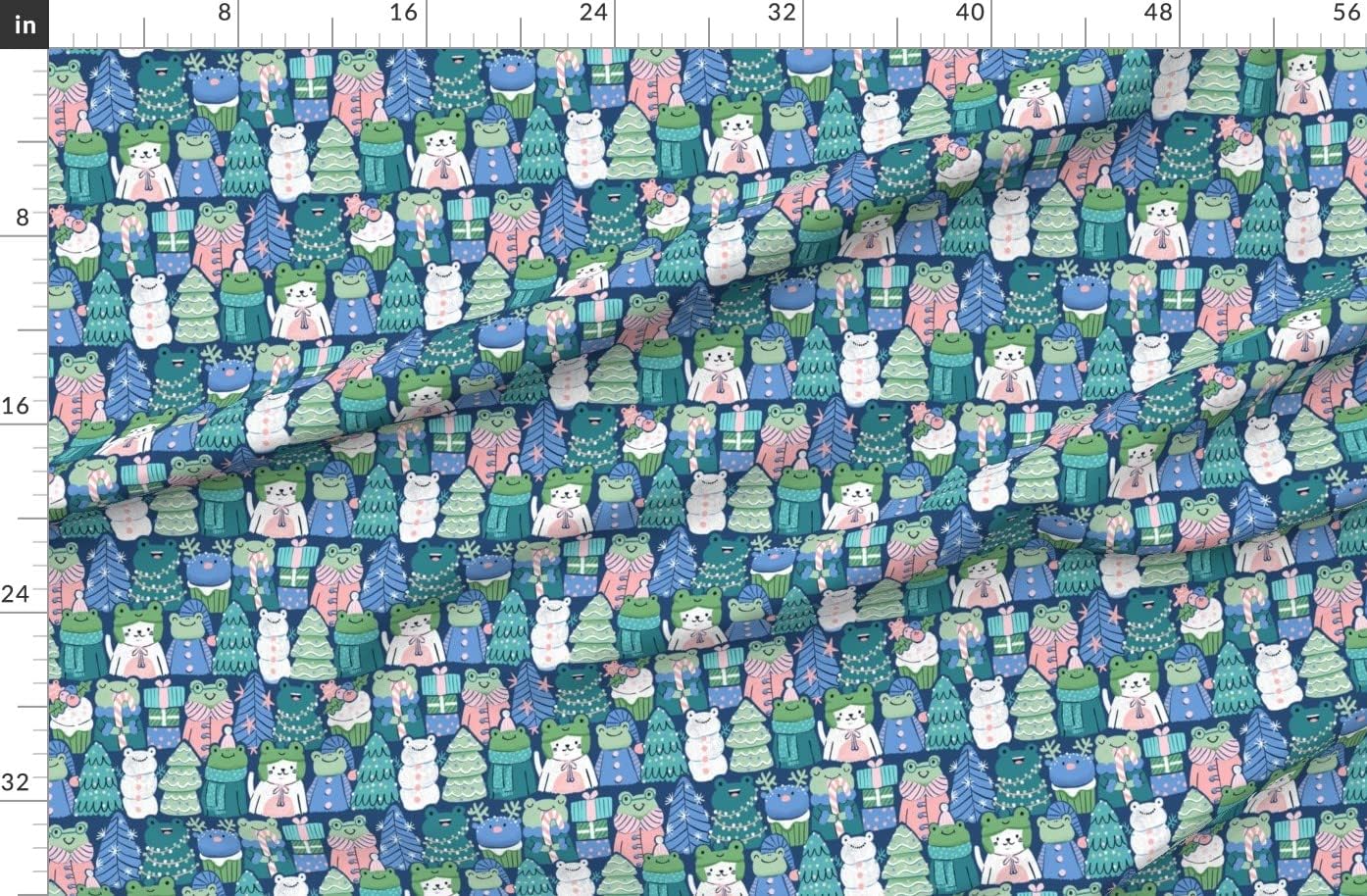 Spoonflower Fabric - Quirky Amphibians Frogs Christmas Pastels Teal Printed on Organic Cotton Sateen Fabric by The Yard - Sewing Quilting Apparel Home Decor