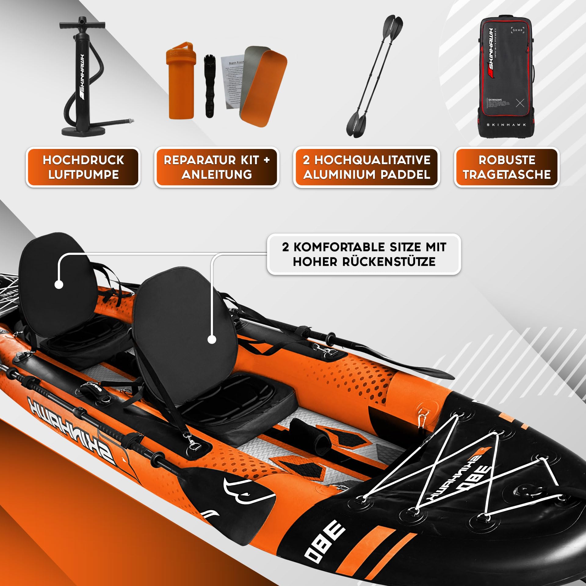 SKINHAWK Exclusiv Orange Kajak Set 380 – Schlauchboot – Kanu - 380 x 96 cm - 2 Personen Kajak
