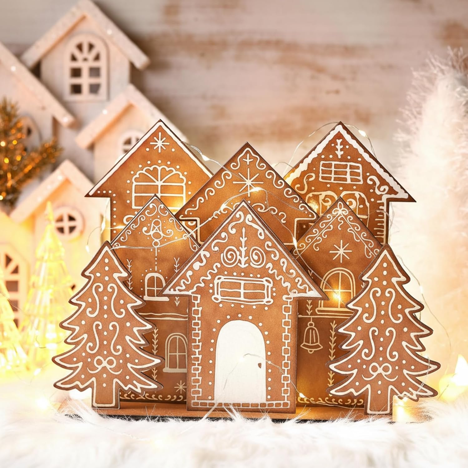 8 Pcs Christmas Gingerbread House Table Decorations Gingerbread House Wooden Table Centerpiece Christmas Village Xmas Tree Tabletop Sign for Farmhouse Winter Holiday Xmas Shelf Mantel Decor