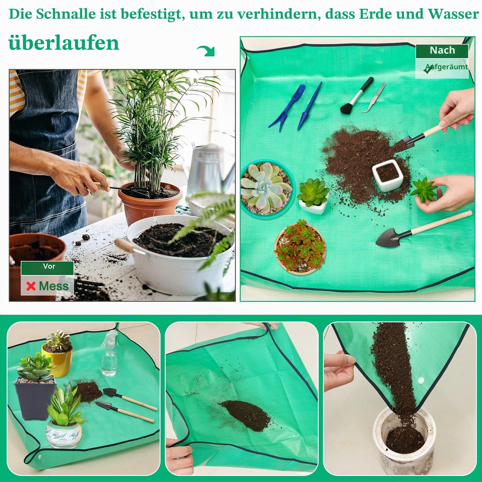 Pflanzen-Umtopfmatte für Garten, 2 Stück, wasserdichte Blumenmatte, faltbare Pflanzenmatte, Blumentablett mit 6 Mini-Gartenwerkzeug-Set für Pflanzenliebhaber, Gartenarbeit