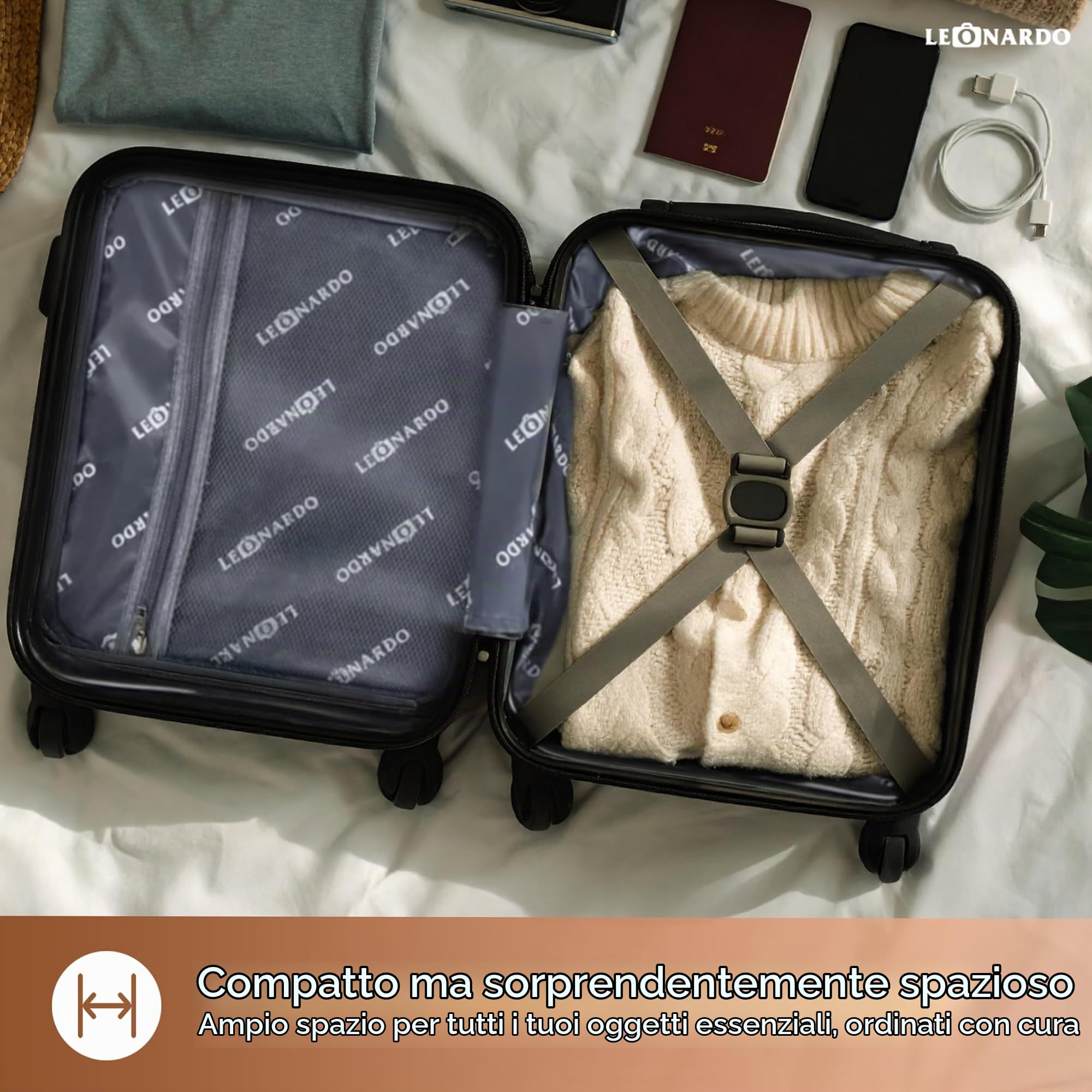 Leonardo® Valigia da Cabina Mini | Trolley Rigido 14 Pollici con Doppie Ruote | Valigia 25 Litri con Manico Trolley e Serratura | Materiale ABS Leggero | Bagaglio a Mano | 20x30x40 cm | Verde