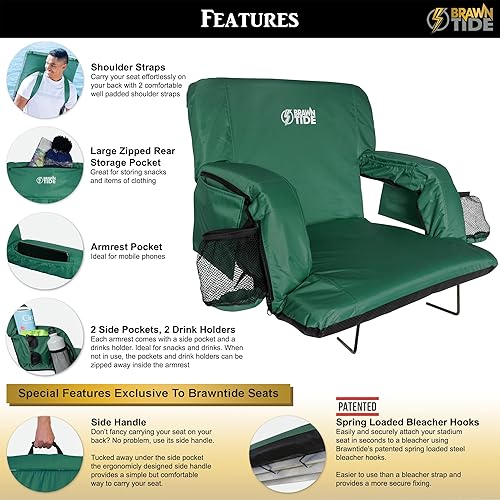 Miniatura 14 de BRAWNTIDE Asiento de estadio con soporte de respaldo, cómodo cojín, acolchado grueso, 2 ganchos de acero para gradas, 4 bolsillos, 2 portavasos, Rojo