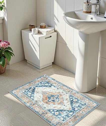 Miniatura 7 de Uphome Tapete de baño azul bohemio envejecido, oriental, suave, lanudo y antideslizante, lavable a máquina, vintage, tribal, pequeño, para baño,