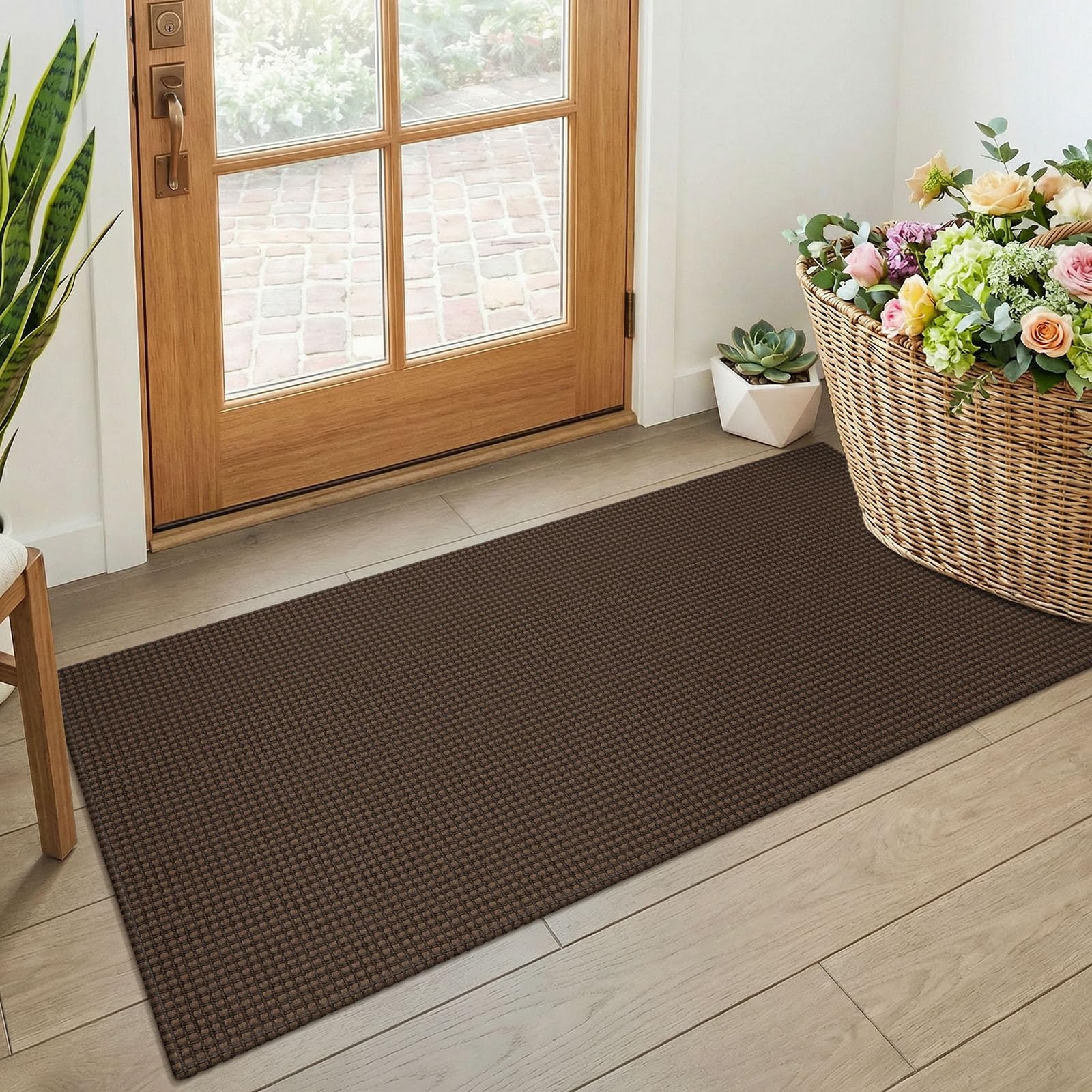 KOZYFLY 2x4 Entry Runner Rug, Small Washable Runners for Entryway, Non Slip Door Mat Indoor Entrance, Front Porch Carpet for Foyer, Kitchen, Bedroom, Bathroom, Brown/Dark Brown — image 1