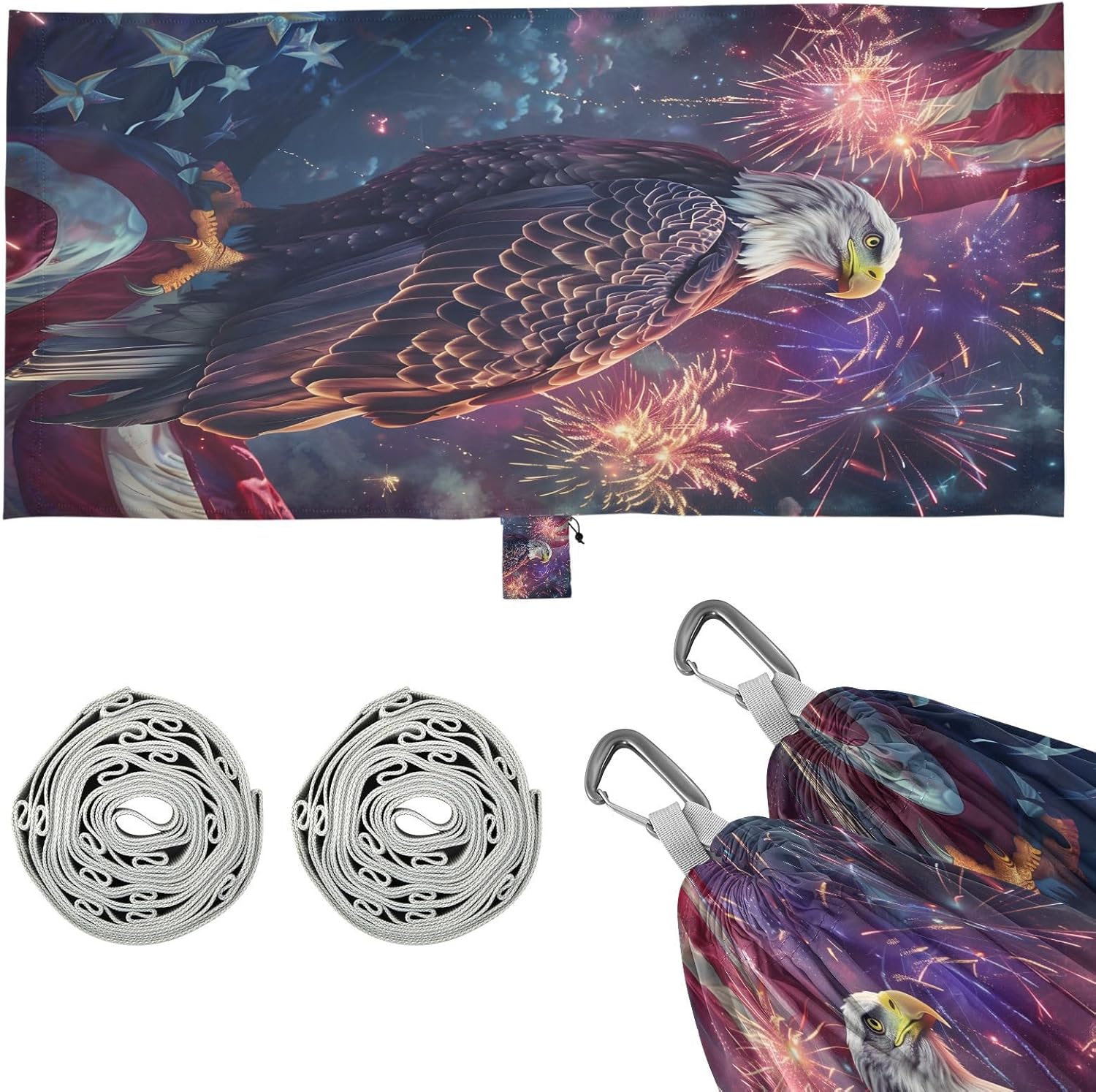 ALAZA USA American Flag Eagle Camping Hammocks Single or 2 Person 500 lbs Portable Parachute Travel Hammock w/Tree Straps for Hiking Backpacking Indoor Outdoor