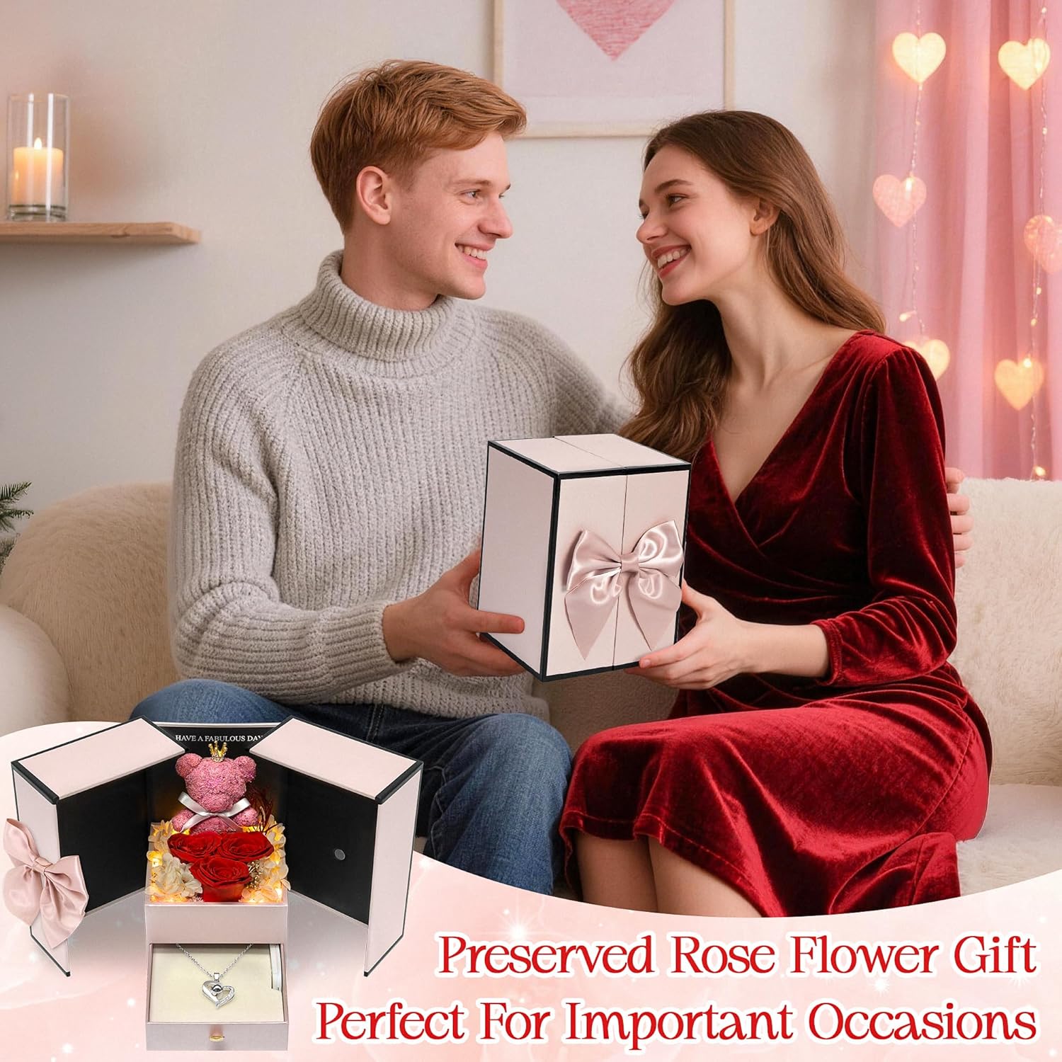 Childom Mothers Day Roses Gifts for Women Mom Grandma,Birthday Gifts for Women,3 Pcs Red Preserved Flowers with Rotating Light Up Rose Dome,Valentines Roses Flowers Gifts for Wife Girl Anniversary