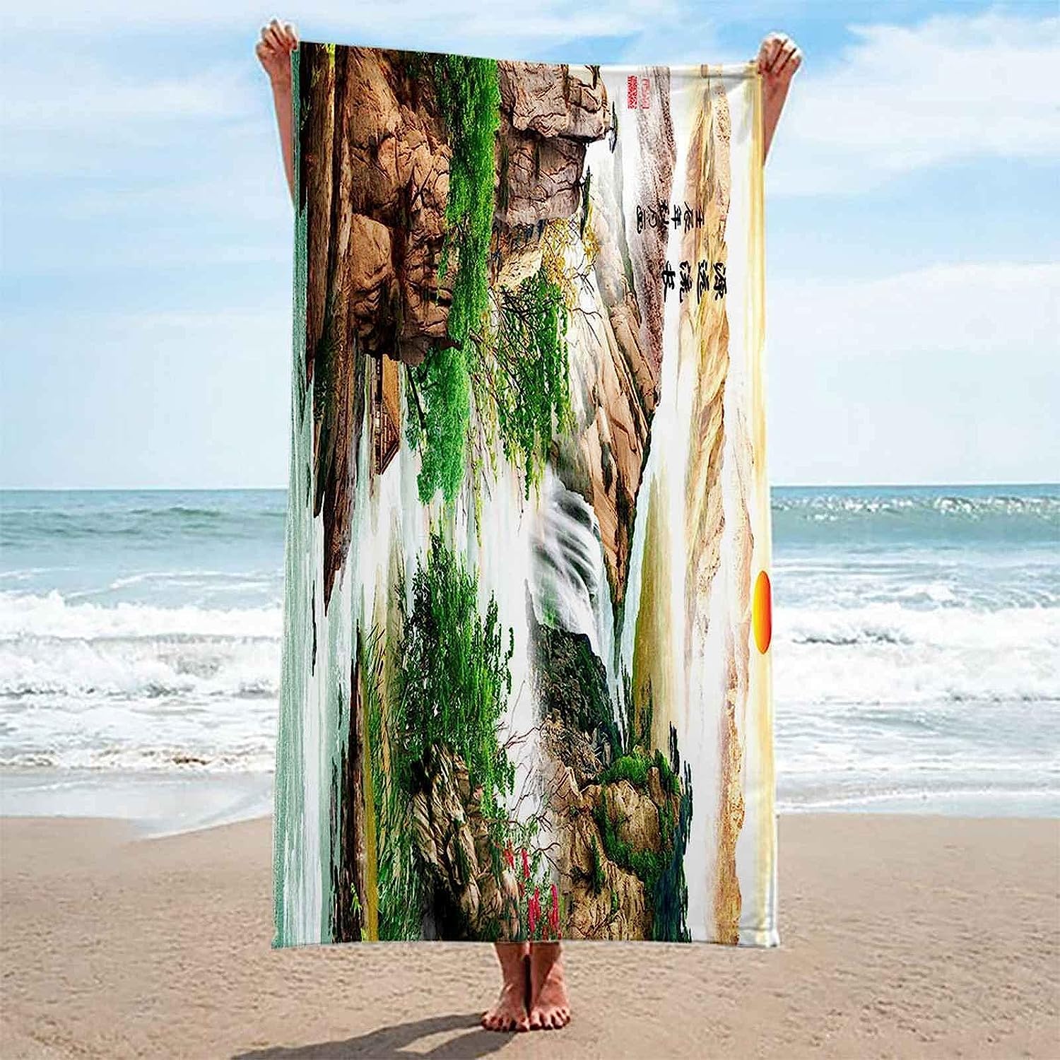 Telo Antisabbia Mare Coperta Da Spiaggia,Telo Mare Microfibra,Perfetto Per Lo Sport, Viaggi, Campeggio, Palestra, Piscina.Telo Mare Grande Paesaggio Fluviale Della Foresta Della Cascata Xxl 200-2K8D