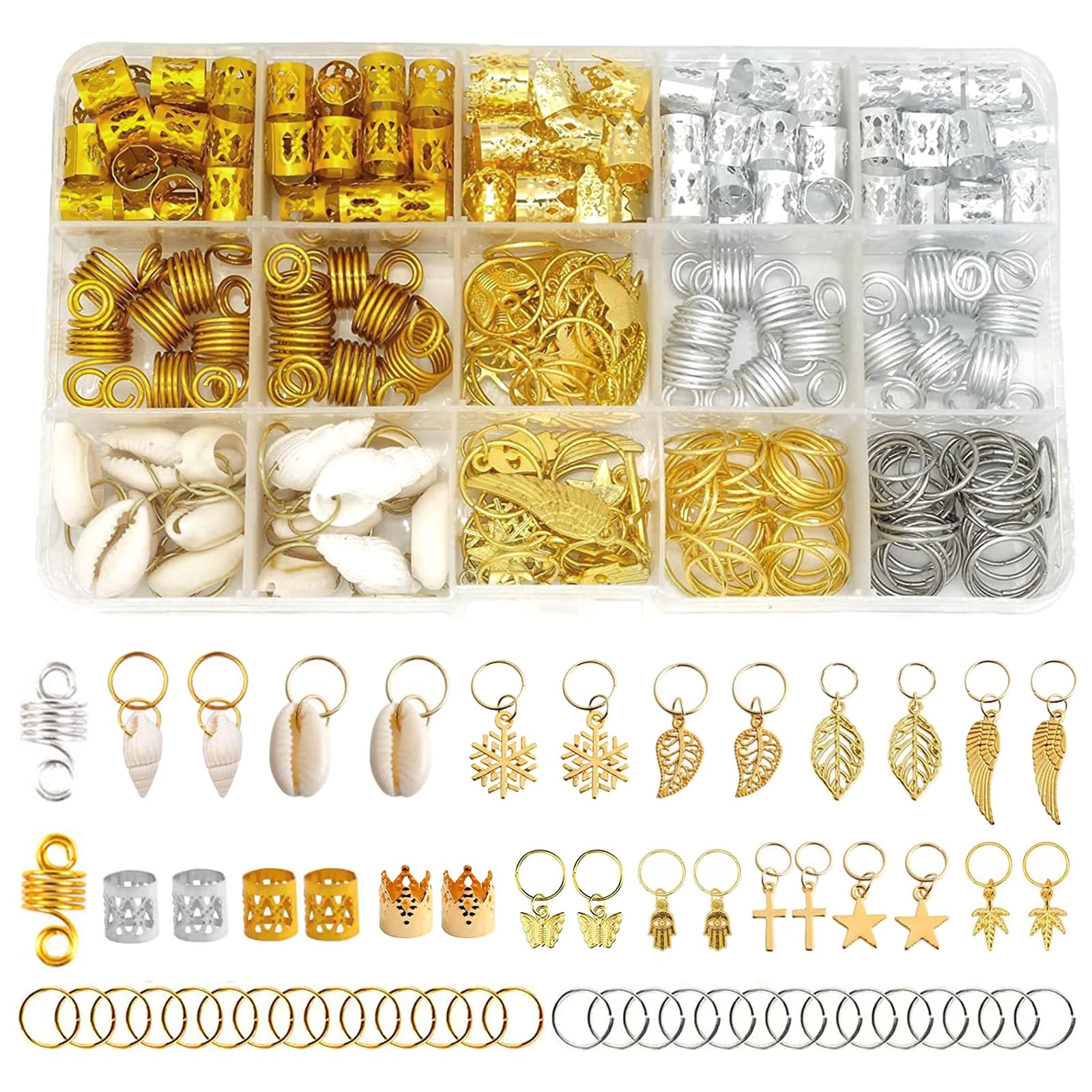 Fhioevt 230 Piezas Adornos Pelo Anillos de Trenza de Pelo Ajustable Accesorios Pelo Mujer Adornos para el Pelo Puños Metálicos para el Cabello con Caja para Decorar el Cabello de Hombres y Mujeres