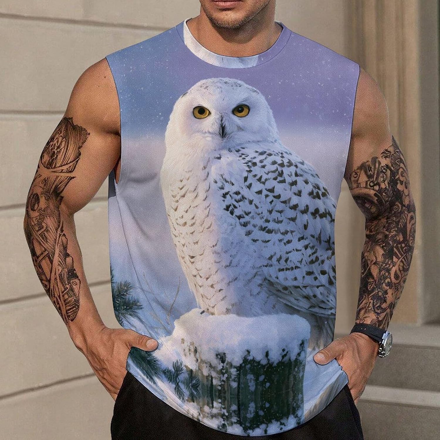 Snowy Owl Men Summer Sleeveless Crew Neck Top 5XL