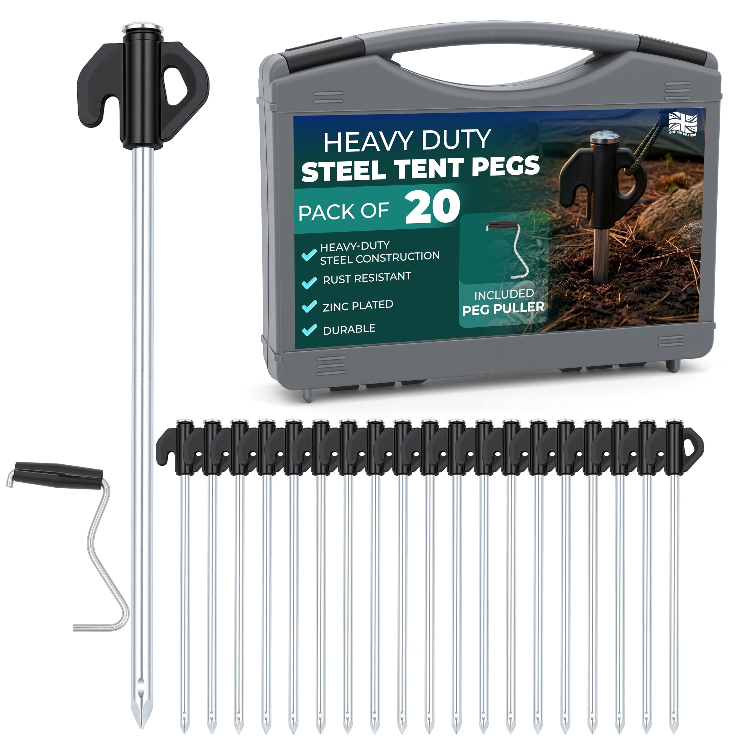 Adventure Peaks Steel Tent Pegs – Set of 20 Zinc Plated Metal Ground Pegs with Peg Puller, Extra Strong Camping & Gazebo Pegs for Hard Ground