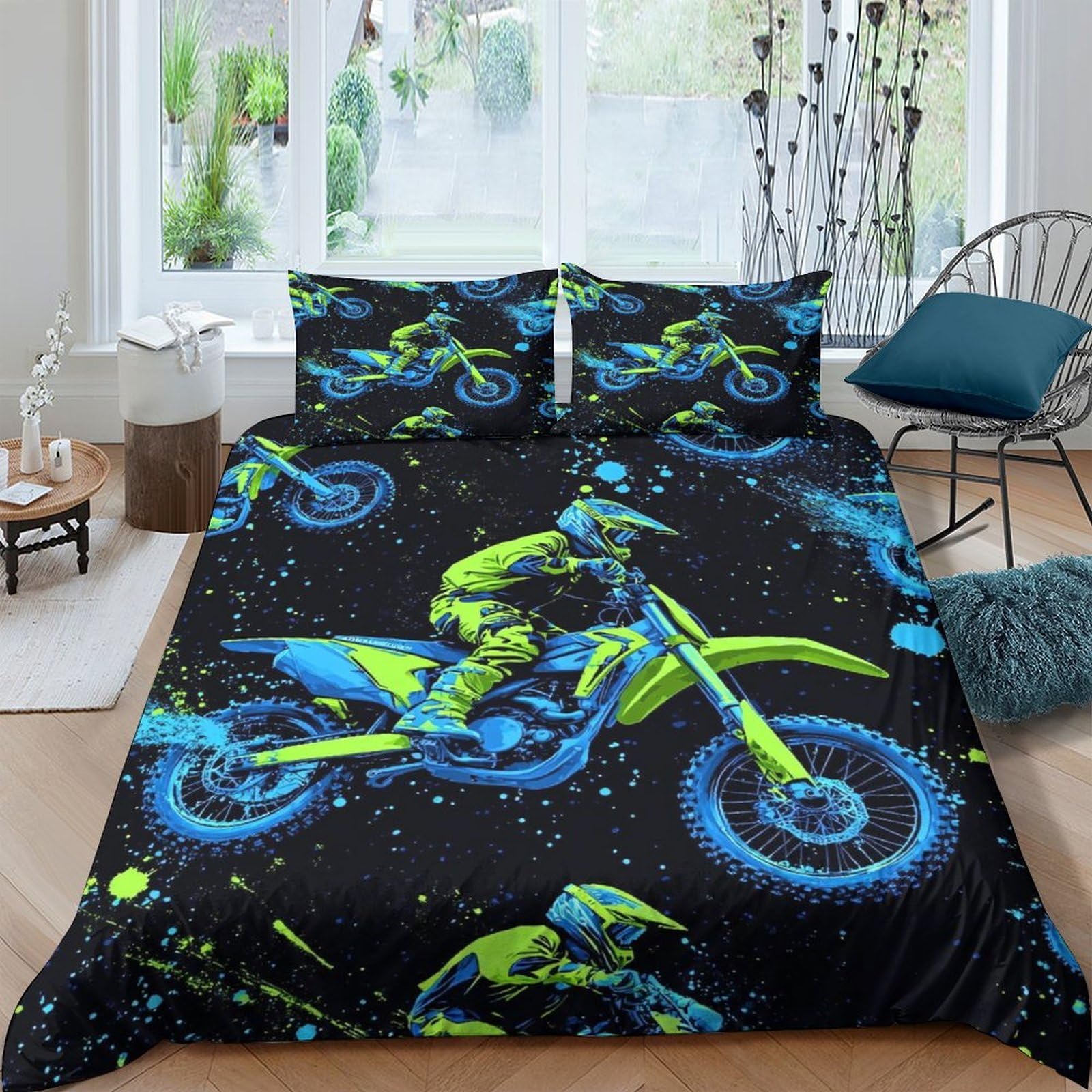 XFKLYNVCJ 3D Printed Motocross Rider Duvet Cover Brushed Microfiber Vibrant Neon Style Bedding Cover Lightweight Fade Resistant for Housewarming Gift New Homeowners Use Double（200x200cm）