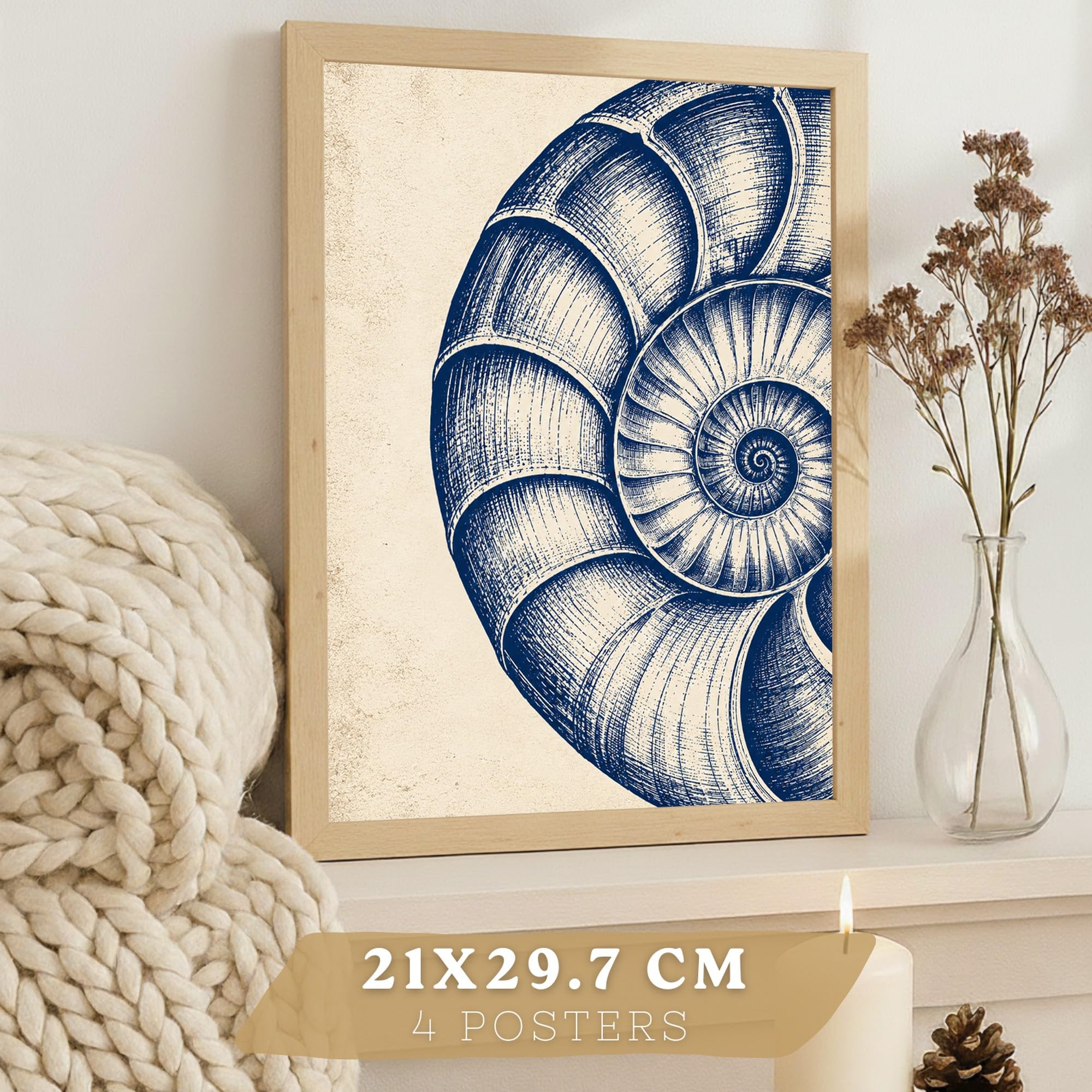Nacnic Set de 4 Azul Costero con Coral, Nautilus y Estrella de Mar | Set de 4 cuadros con láminas artísticas - Tamaño A3 (29,7 x 42 cm) con marcos madera clara incluidos