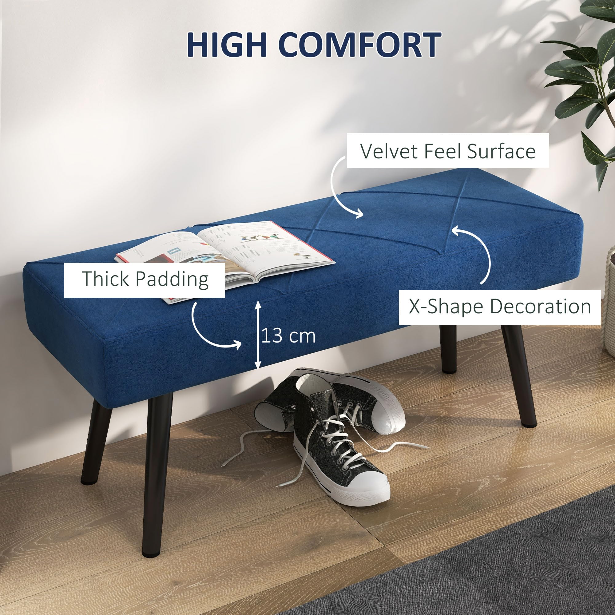 HOMCOM Beistelltisch mit X-Form Design und Stahlbeinen, gepolsterte Flurbank für Schlafzimmer, Blau
