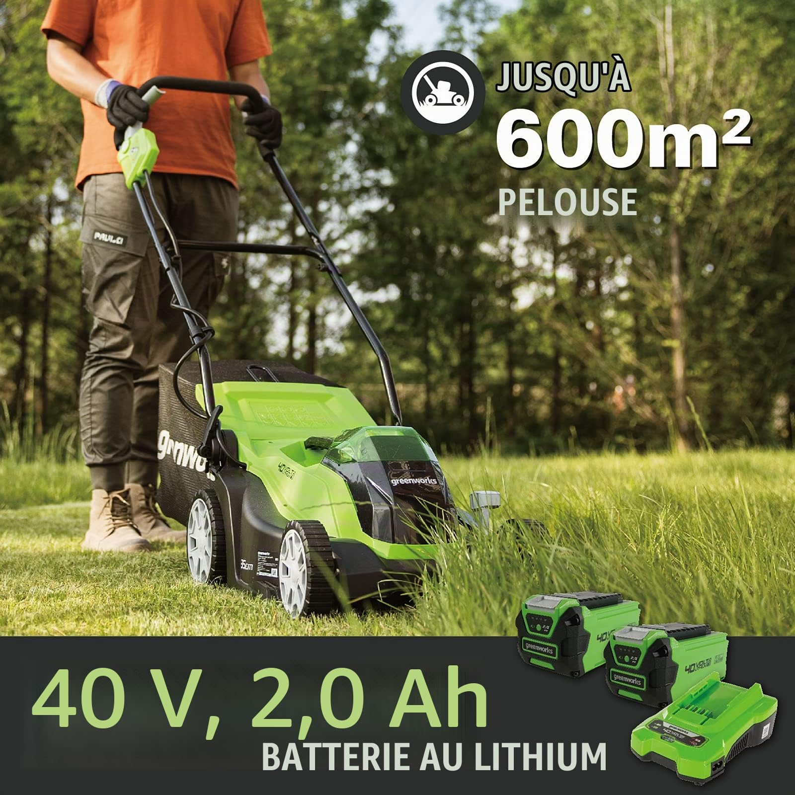 Greenworks 40V Tondeuse à Gazon Largeur de Coupe de 35 cm Avec 2x 2Ah Batteries et Un Chargeur G40LM35K2X Bonus 40V Coupe Bordure Sans Fil Outil Uniquement G40LT