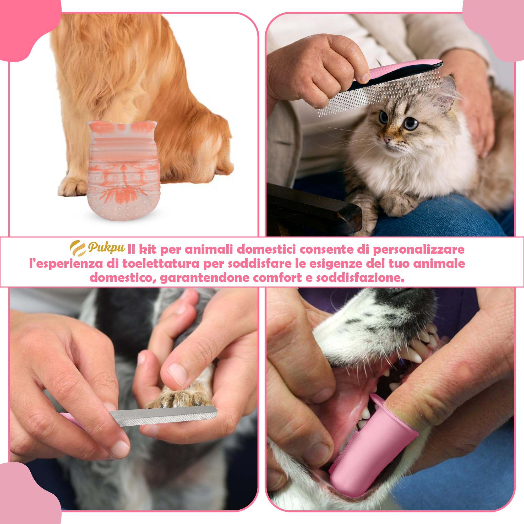 Kit Toelettatura Cani e Gatti 9 Pezzi, Rosa – Spazzola Autopulente, Taglia Unghie Cane e Gatto Adulto, Lava Zampe, Spazzola Lavaggio con Sapone, Guanto, Pettine e Lima
