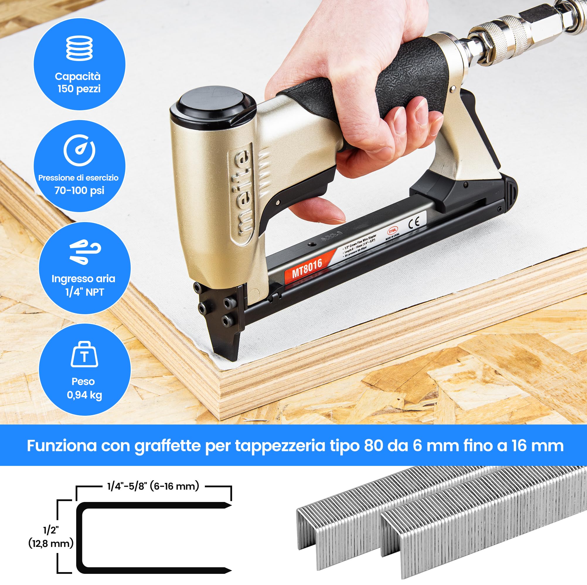 meite MT8016 Graffettatrice Pneumatica, Sparachiodi ad Aria Compressa per Tappezzeria e Lavorazione del Legno, 21GA Tipo 80, Graffette 6–16 mm per Falegnameria e Fai da Te