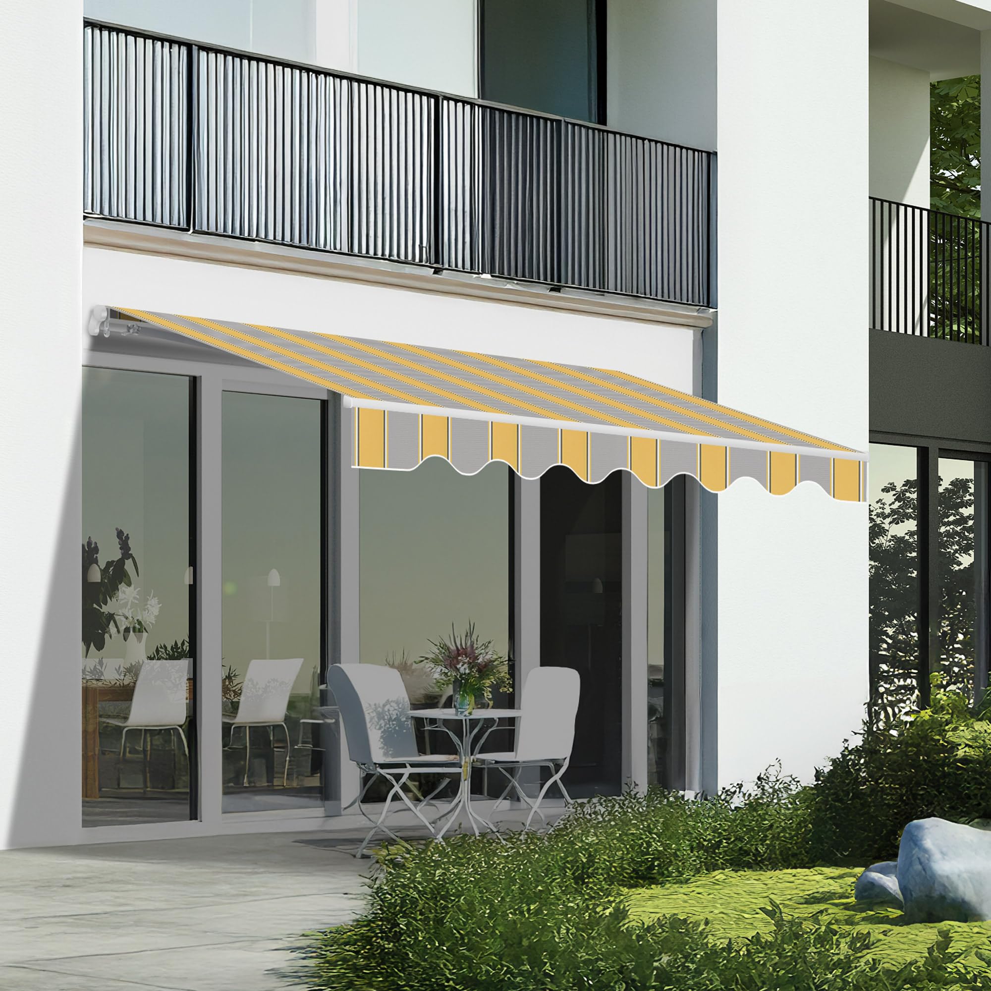 Einziehbare Markise für den Außenbereich, 400 x 250 cm, Grau und Gelb, Polyester, UV-Schutzplane, Aluminiumrahmen, verstellbare Neigung, inklusive Kurbel, manuell aufrollbar, Terrasse, Garten