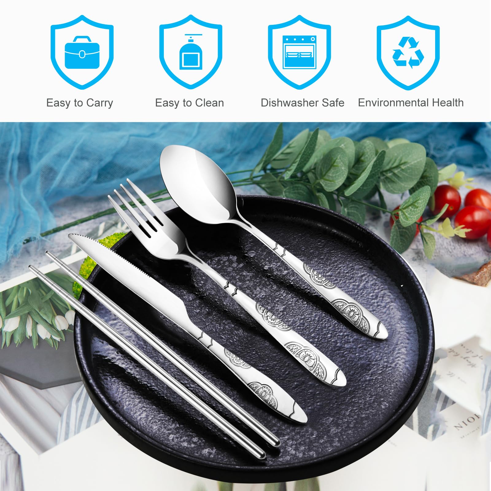 20-teiliges Premium-Reiseutensilien-Set mit Etui, Edelstahl, wiederverwendbar, tragbares Utensilien-Set mit Etui, lengnoyp Reise-Besteck-Set mit Tasche für Lunchbox, Camping, Silber