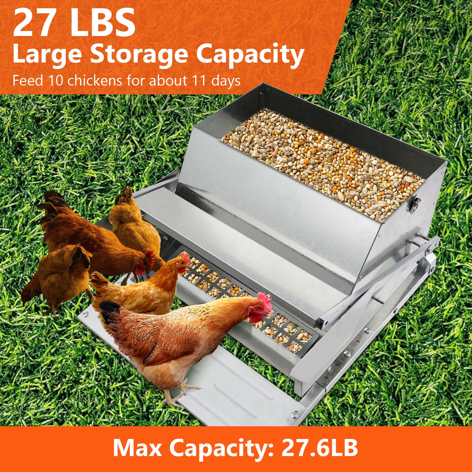 Automatic Chicken Treadle Feeder, 27 LB Large Galvanized Steel Poultry Feeder, Outdoor Use, No Waste, 10 Chickens for 11 Days, Metal Chicken Feeder Kit Suits Duck, Bantams, Pheasants