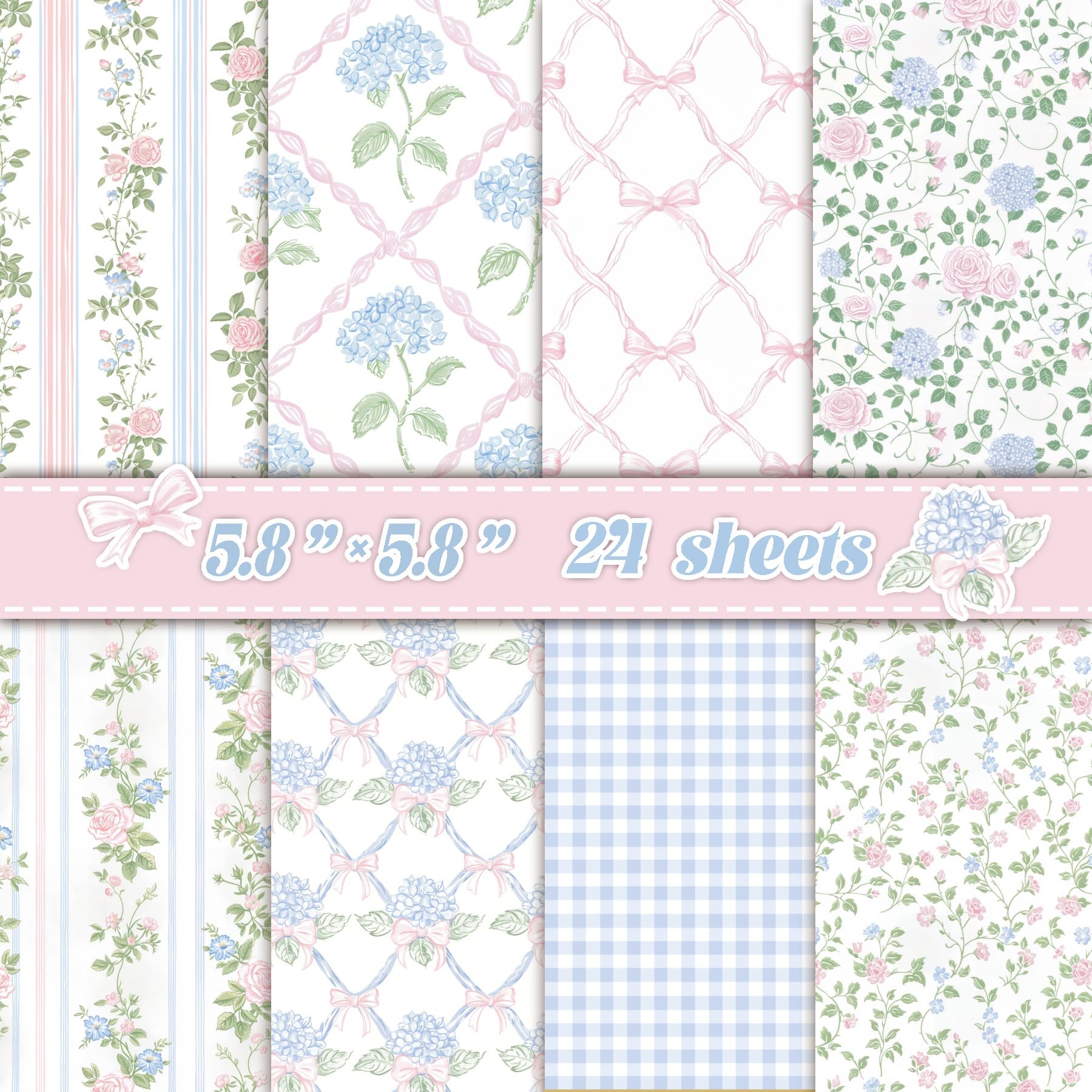 Soft Floral Aesthetic Scrapbook Paper Pad -24 Sheets Pastel Vintage Floral & Checkered Patterns - Decorative Craft Paper for Junk Journal Decoupage Card Making
