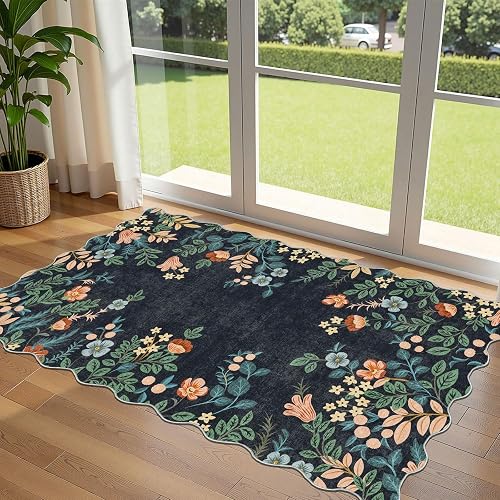 Othilic Dark Navy Floral Entry Rug 3x5 Ft