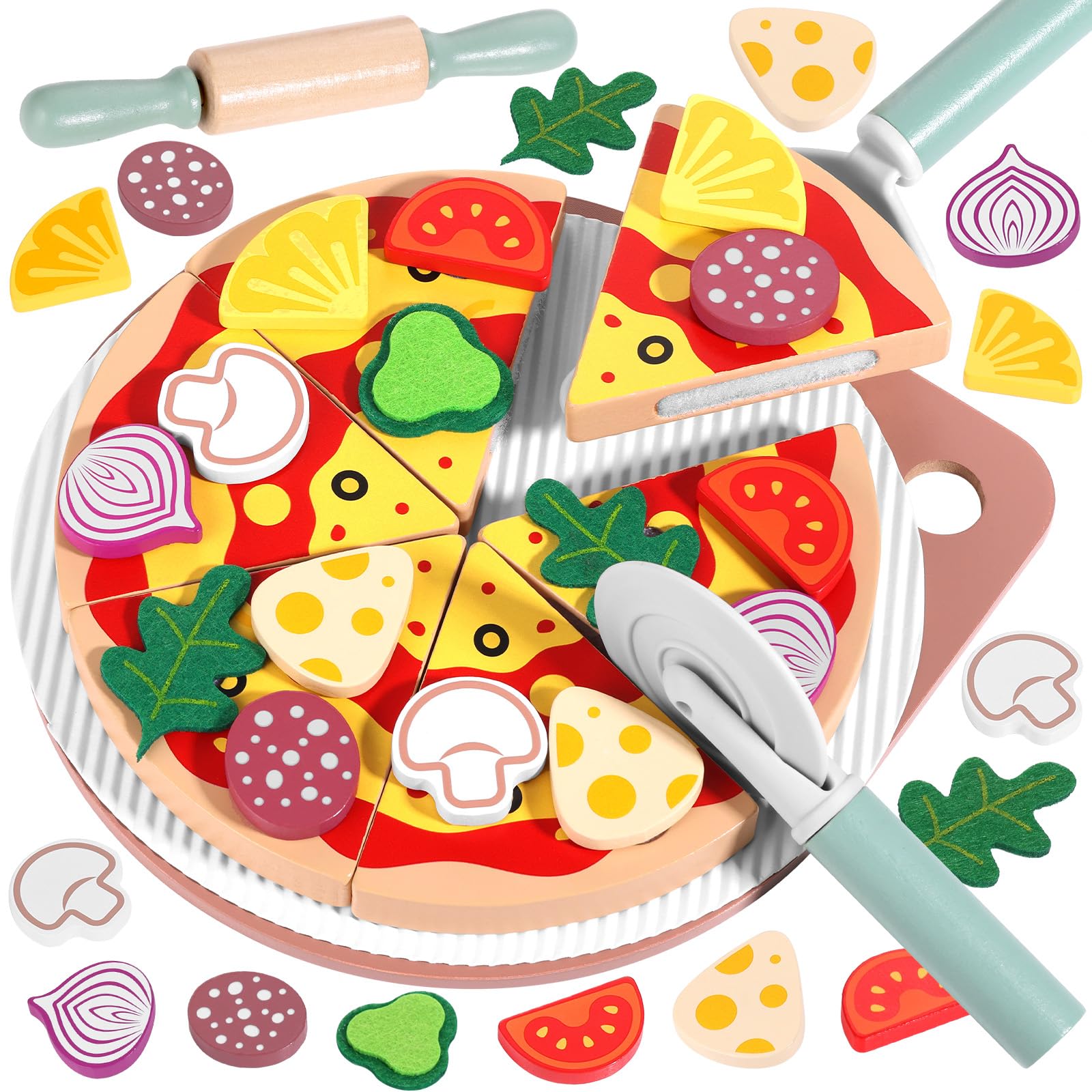GAGAKU Set per pizza in legno - 27 pezzi Accessori da cucina per bambini 3-8 Giocattolo da cucina per pizza in legno Gioco di ruolo educativo