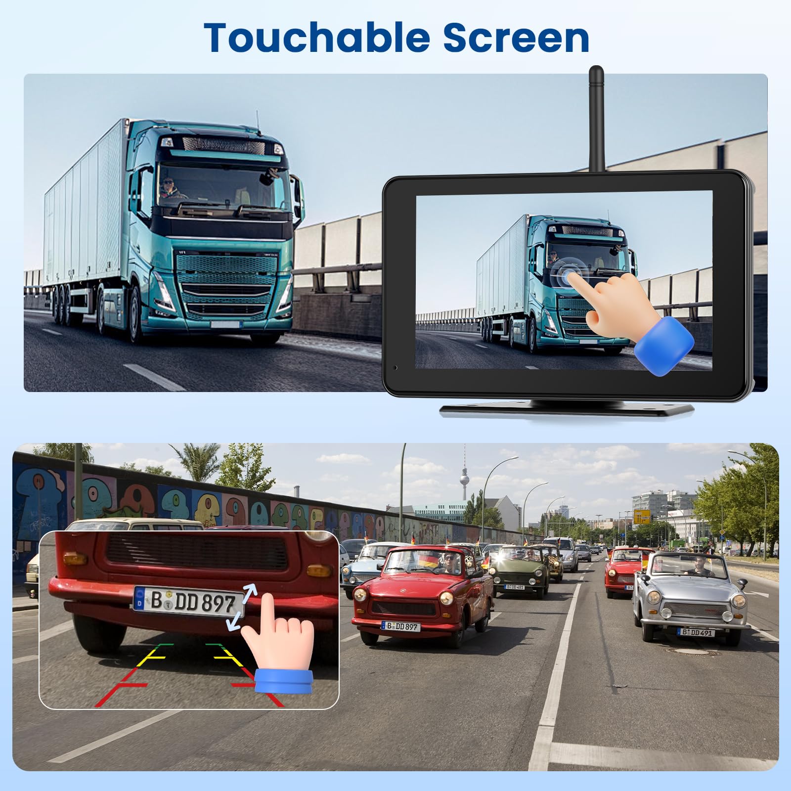 Hikity Kamera cofania bezprzewodowa 7" IPS Touchsreen zestaw kampera z noktowizorem z noktowizorem IP68 + nagrywanie w pętli + BSD+ linia cofania do samochodów ciężarowych, przyczep, autobusów