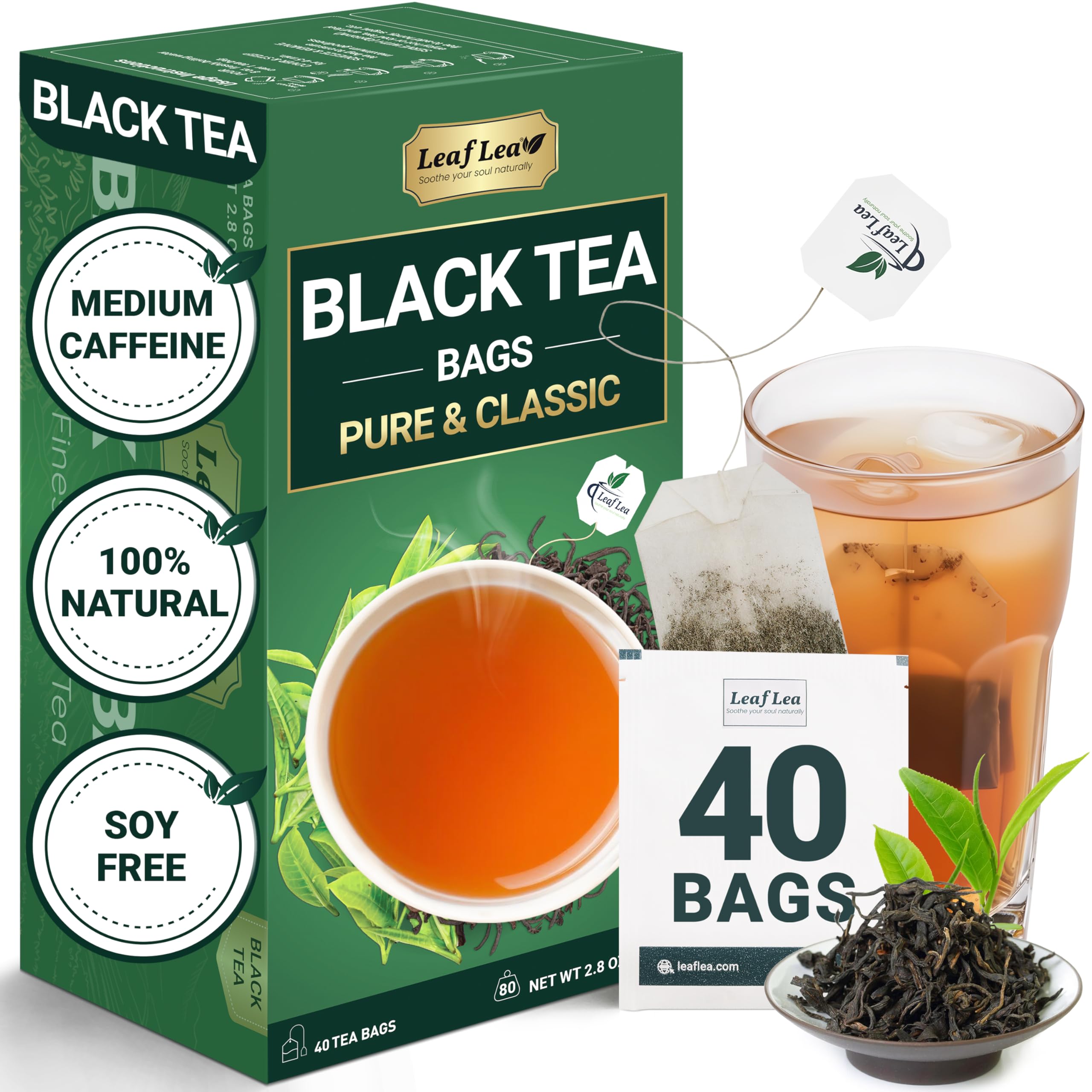 LeafLea Black Tea Bags, Strong Full-Bodied Black Tea Leaves, 40 Count | Bold, Naturally Caffeinated Morning Brew with Smooth Malty Finish; Sugar-Free, Vegan; Individually Foil-Wrapped Black Tea 40 Count (Pack of 1)