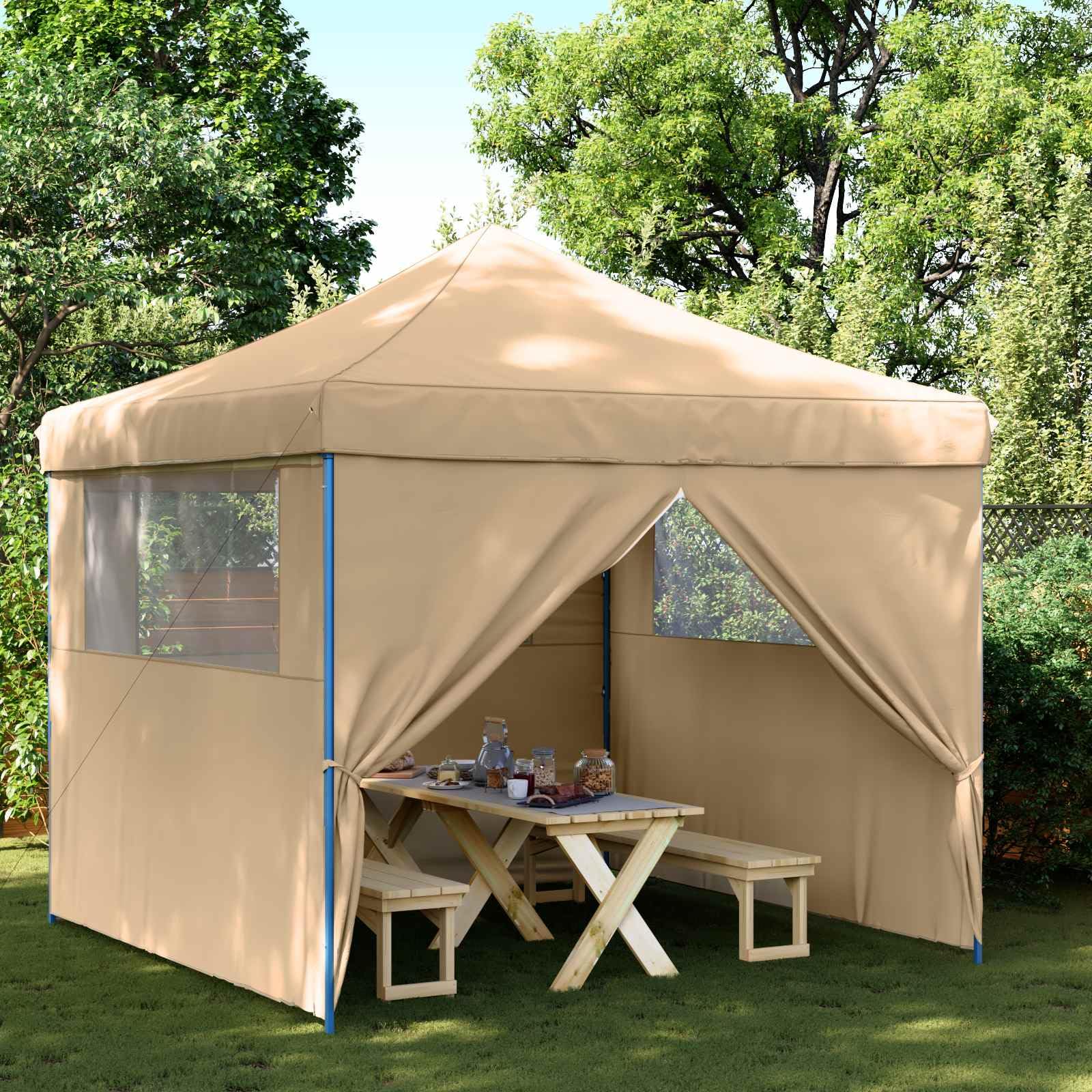 Tenda Party Beige 292 x 292 x 315 cm Tessuto Oxford | 4 Corde Di Sizza, 8 Picchetti Inclusi, Design Pop-Up, Impermeabile Per Eventi Esterni