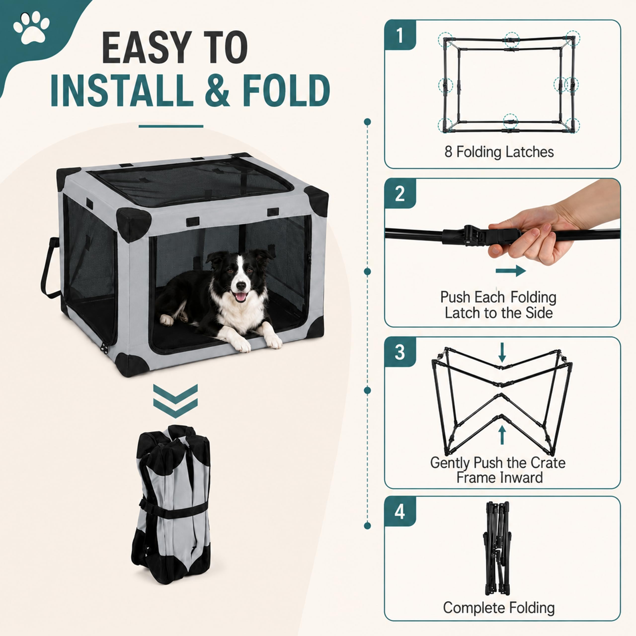 ALLUMK Cage de Transport Pliable Taille L pour Chiens Moyens et Chats | Maille renforcée à 3 portes, sangles de fixation auto, dimensions 81x59x59cm, adapté voiture, camping et visites vétérinaires