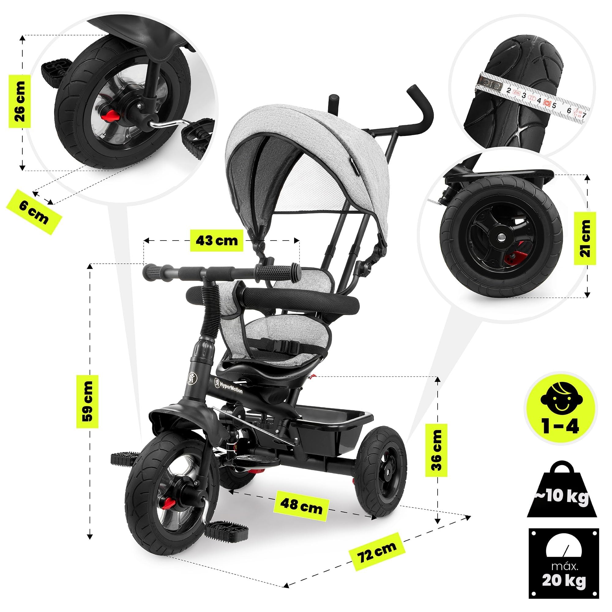 HyperMotion Triciclo Infantil con Manillar para Padres - Bici Bebé 1 Año Evolutiva hasta 20kg - Modelo Similar Kinderkraft con Barra de Empuje - Saltador Bebe Gris