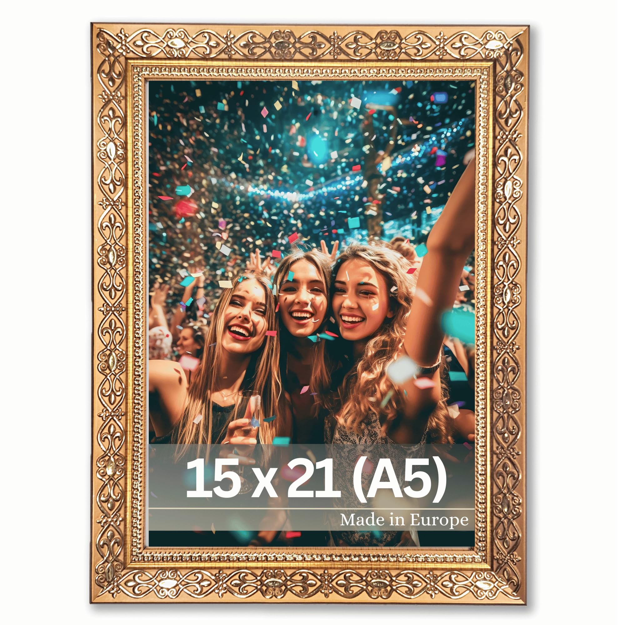 VictoR „Vermeer“ vintage Bilderrahmen gold 15x21 cm (A5) – antik barockrahmen mit Acrylglas - stabiler MDF-Rückwand - für Hoch- und Querformat - A5 Bilderrahmen gold