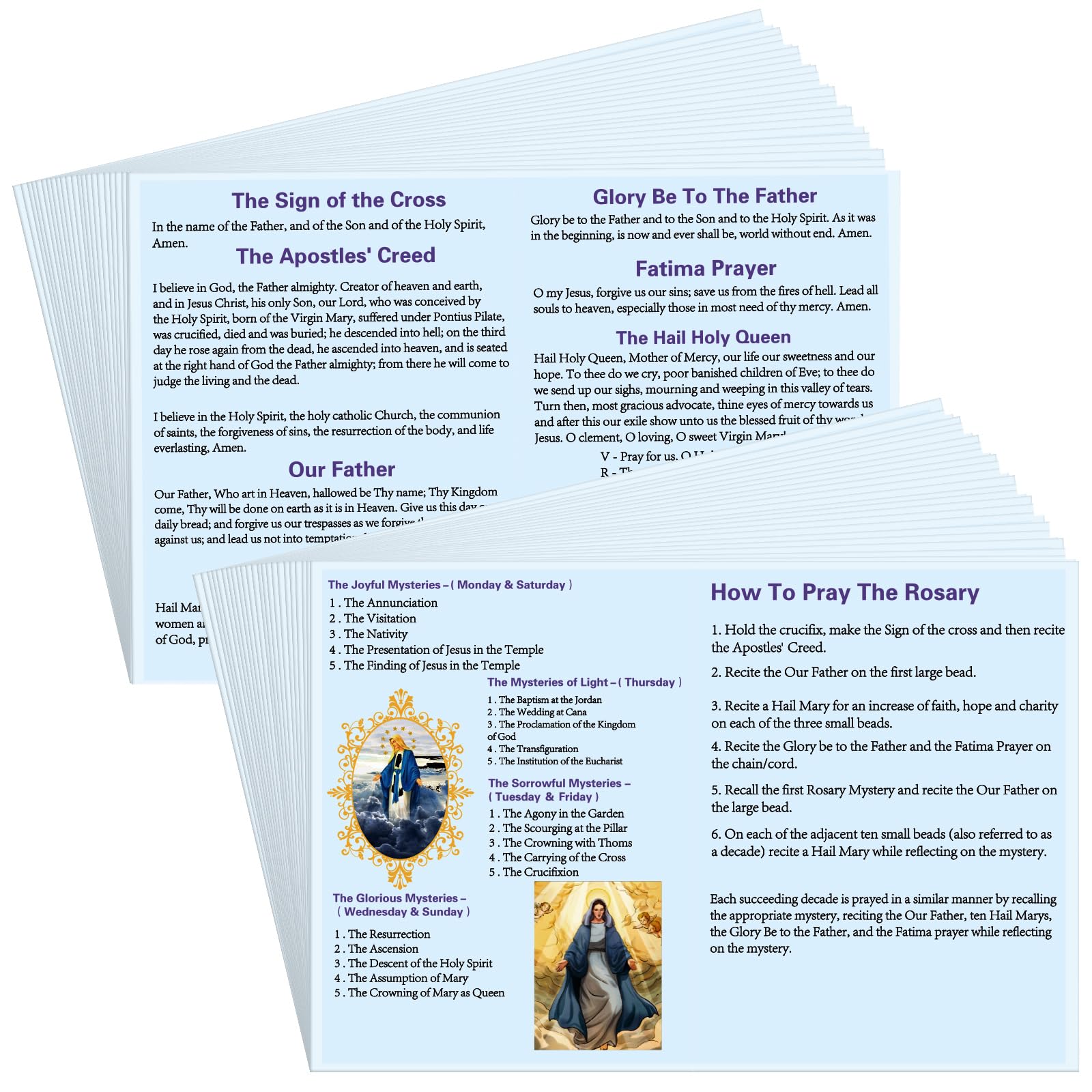Motiskyy 100 Pcs How to Pray the Rosary Prayer Card 6 x 4 Inches Laminated Rosary Pamphlet Paper How to Pray the Rosary Booklet Catholic for Beginners Sunday School Learning (Light Blue)