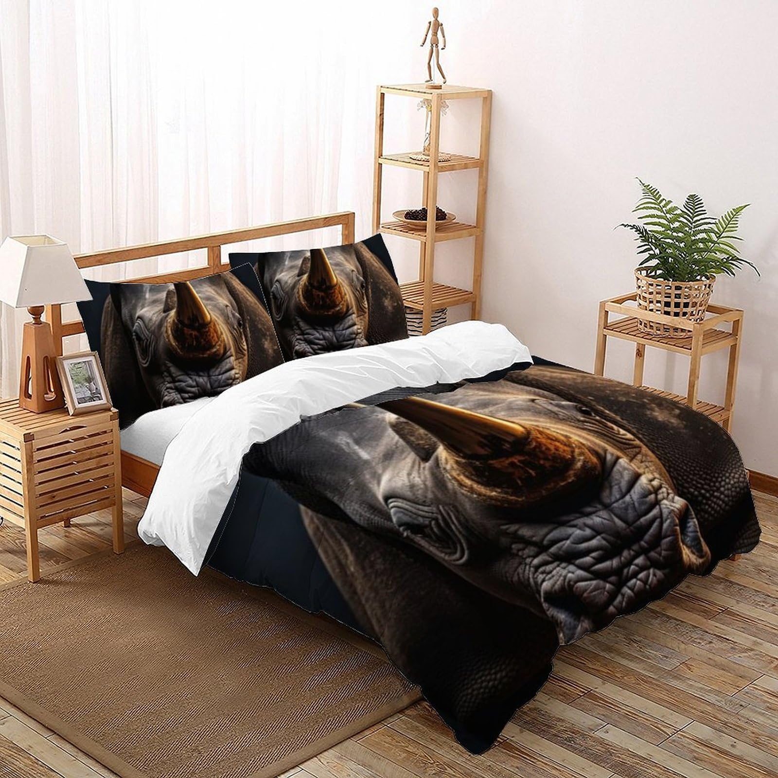 Housse de couette rhinocéros anti-décoloration lit 220x240cm imprimé 3D avec 2 taies