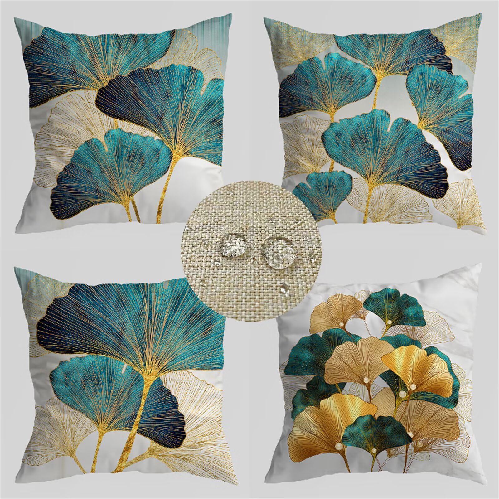 Housse de coussin imperméable 30x30 cm ginkgo biloba turquoise lot de 4
