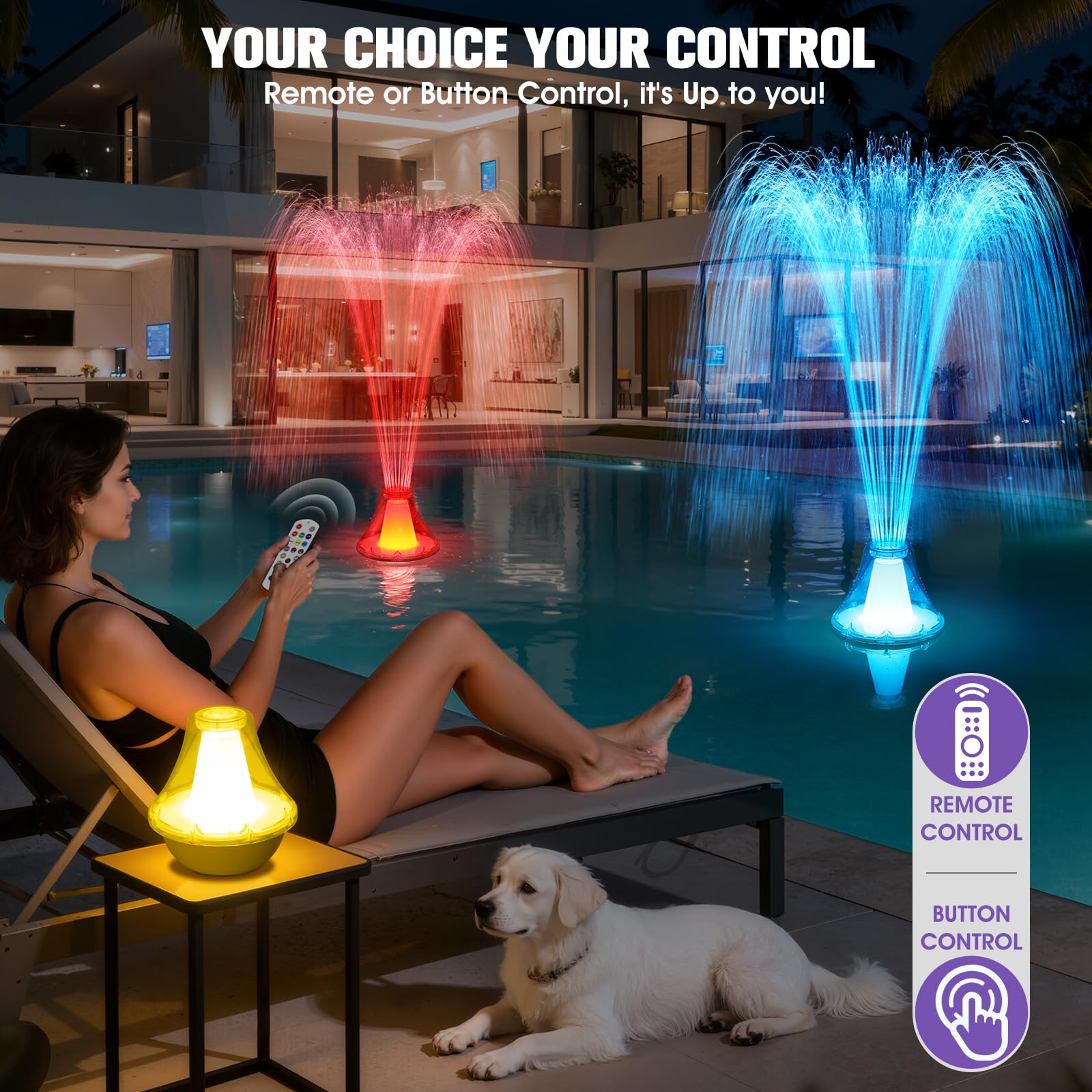 KingSom 2026 Springbrunnen Pool Schwimmend mit LED Licht, Wiederaufladbare Pool Wasserfontäne mit Fernbedienung & Knöpfen, 3 Sprühmodi & 10 Lichtmodi Pools Fontäne mit Anker, Springbrunnen Schwimmend