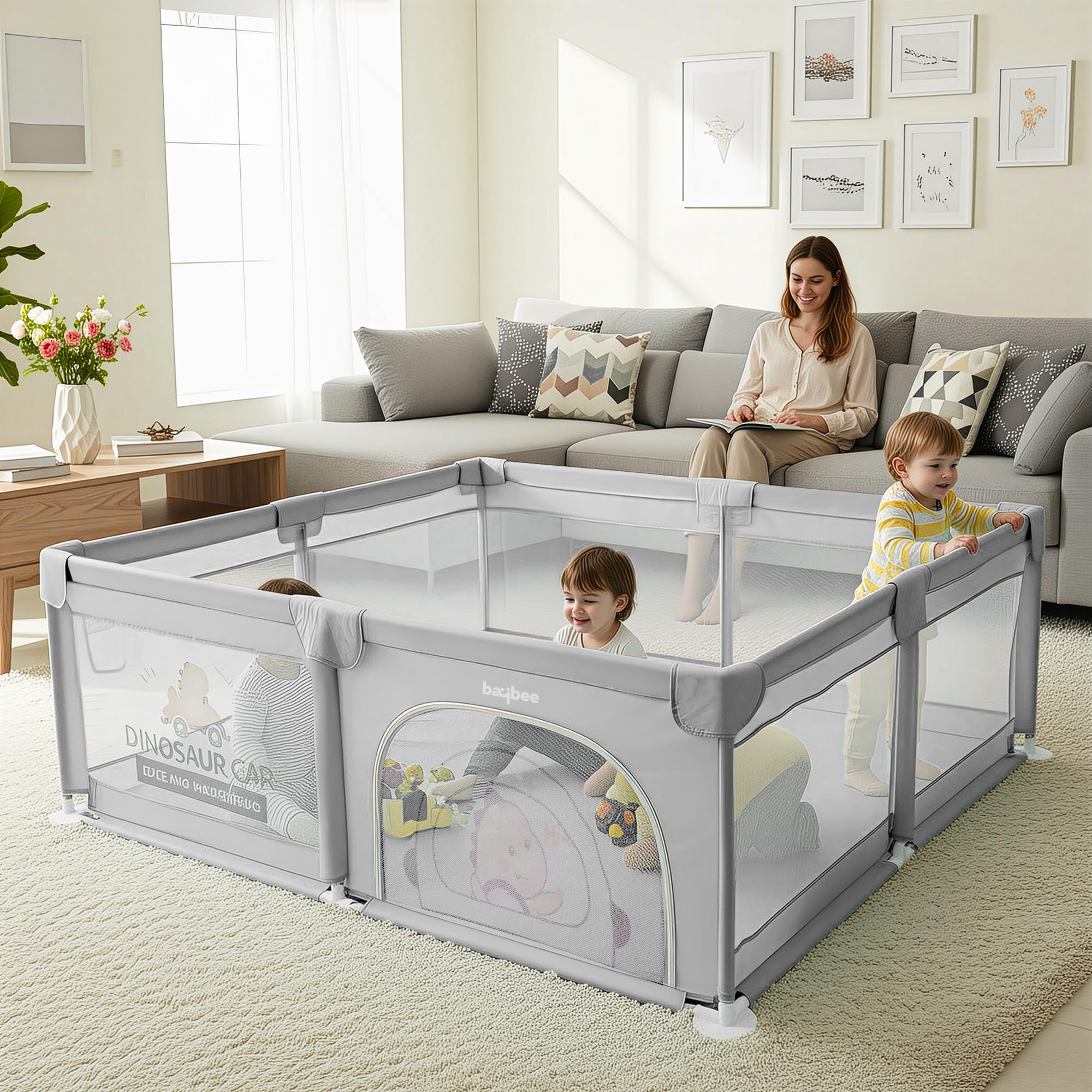 Baybee Nestoria Kids Playpen for Babies | Baby Play Area Indoor Setup with Zipper Door & Toys Pouch | Kids Activity Playards with Corner Protection | Outdoor play pen for baby for 0 - 5 years Boys Girls (180 x 150 CM - Light Grey)-image-36