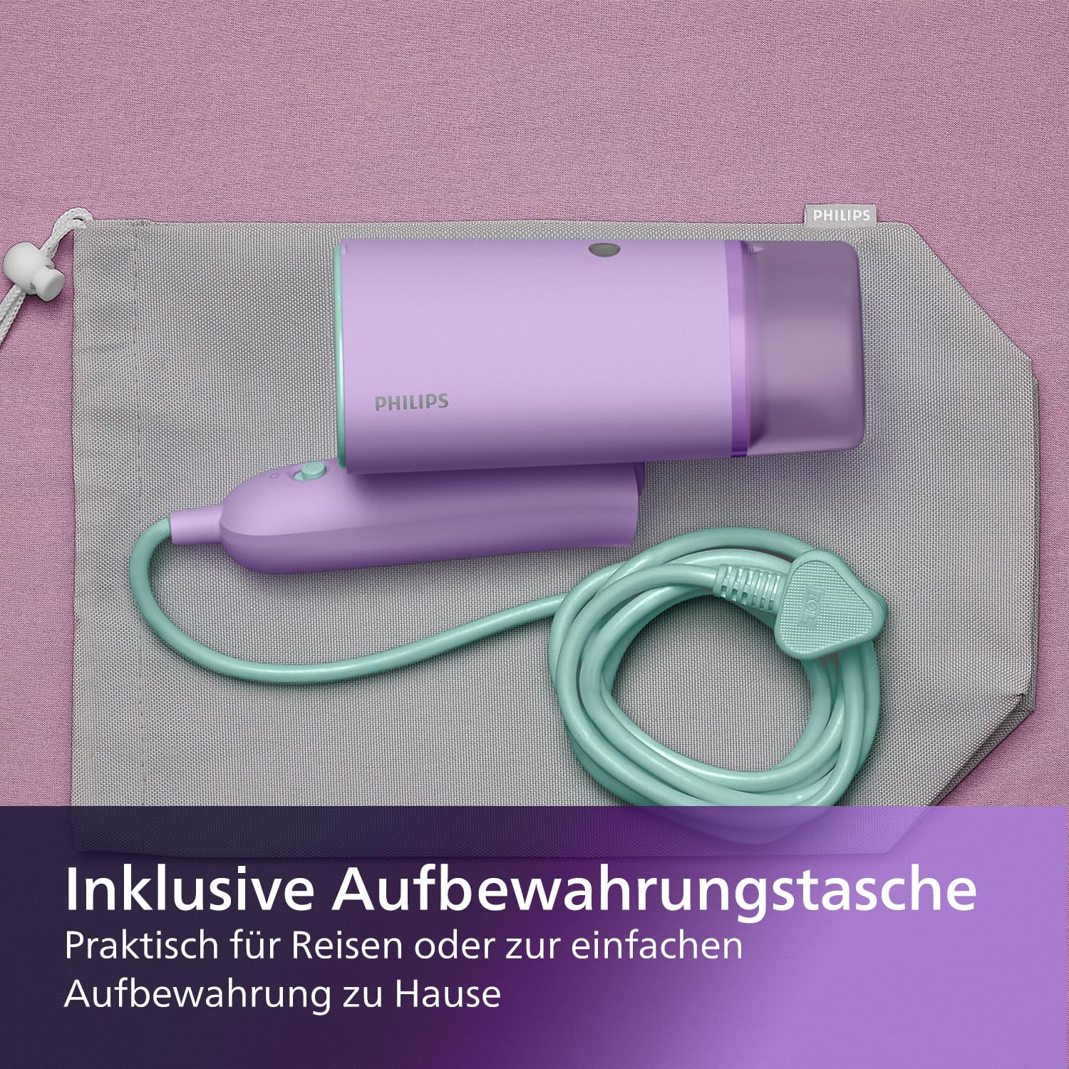 Philips 3000-Serie Tragbarer Dampfglätter - 1000 W, Dampfleistung 20 g/min, 100ml Wassertank, Kein Bügelbrett erforderlich, Inklusive Aufbewahrungstasche, 630g geringes Gewicht, Lila (STH3010/30)